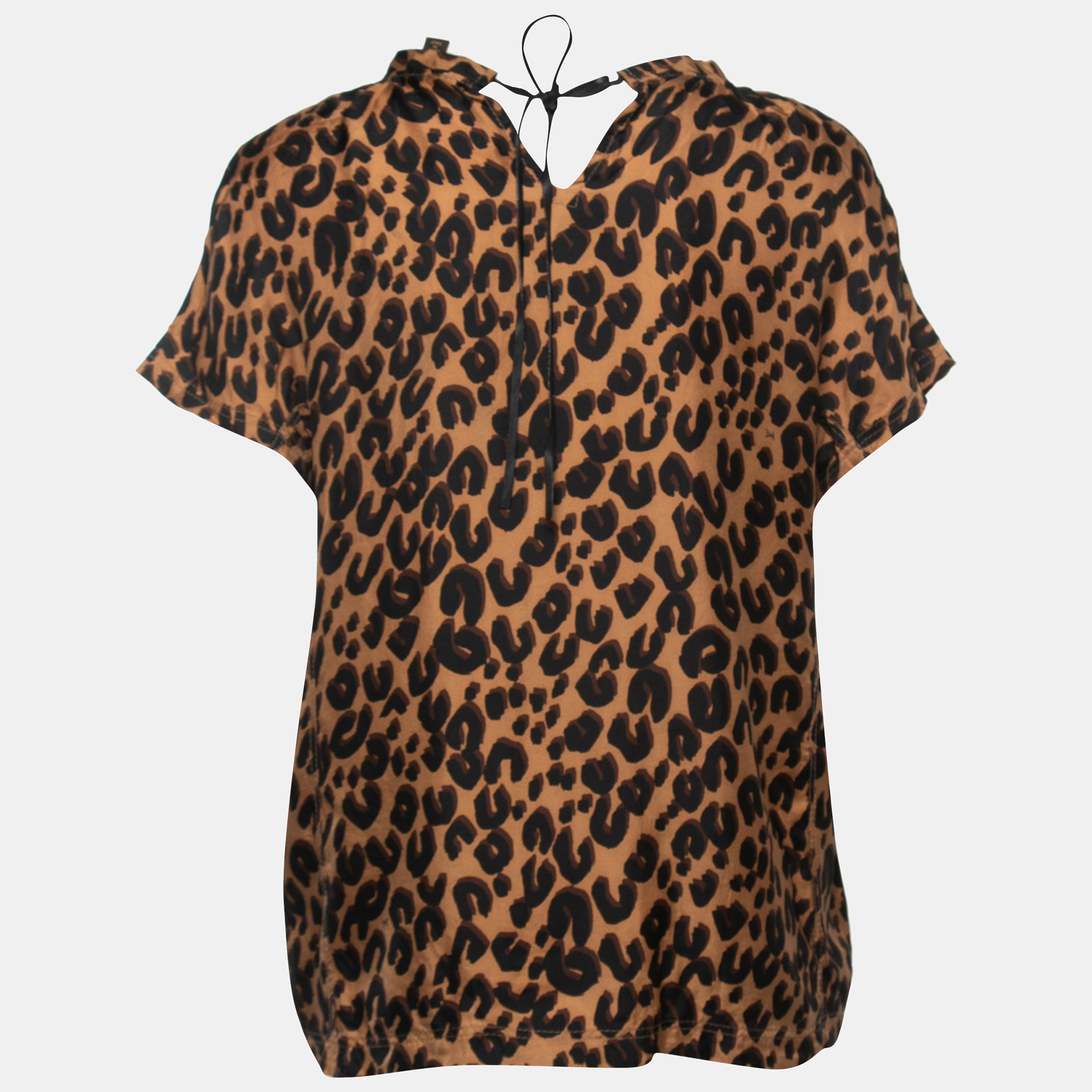 

Louis Vuitton Brown Leopard Print Silk Short Sleeve Blouse