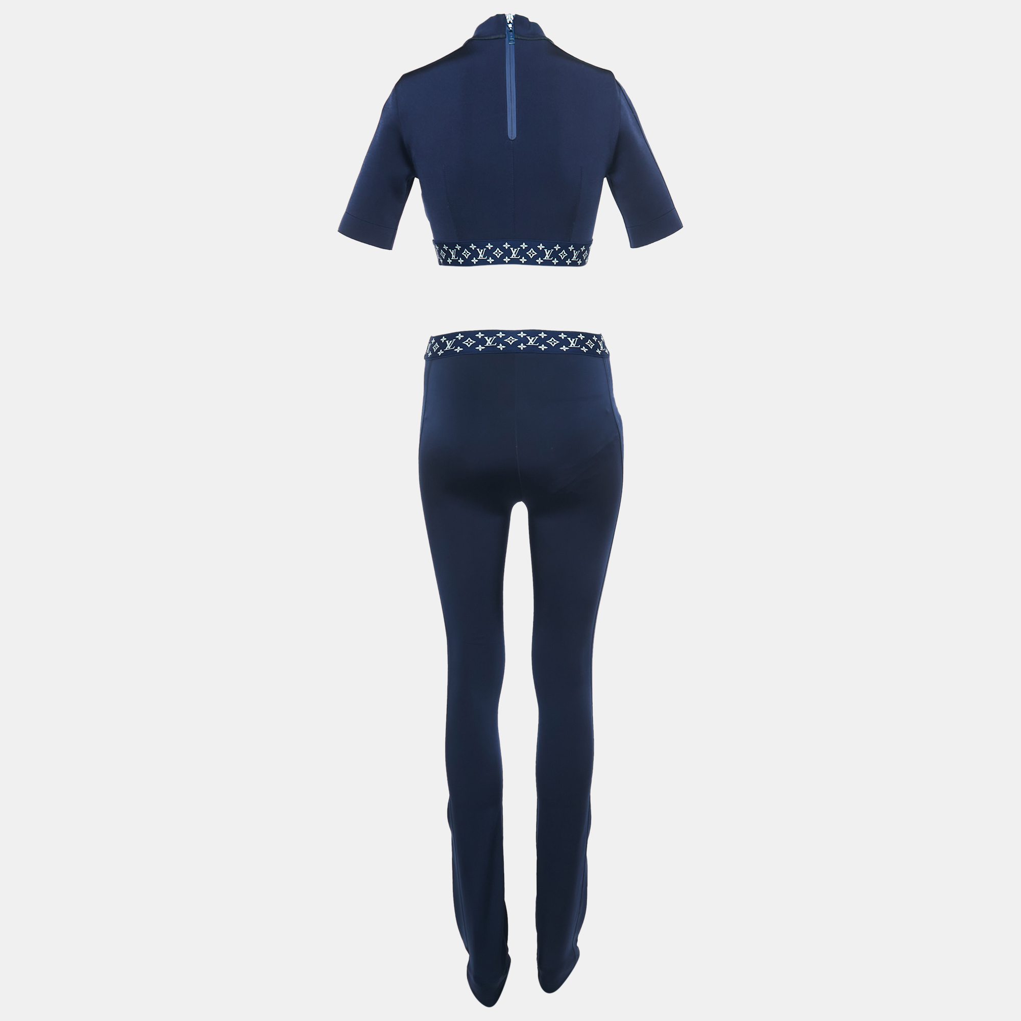 

Louis Vuitton Navy Blue Monogram Stretch Knit Flight Mode Crop Top and Jeggings Set