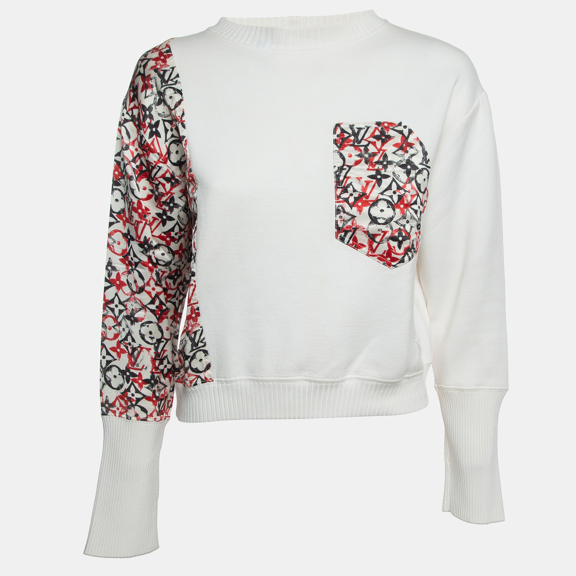 Louis Vuitton White Cotton Blend Monogram Detailed Sweatshirt S