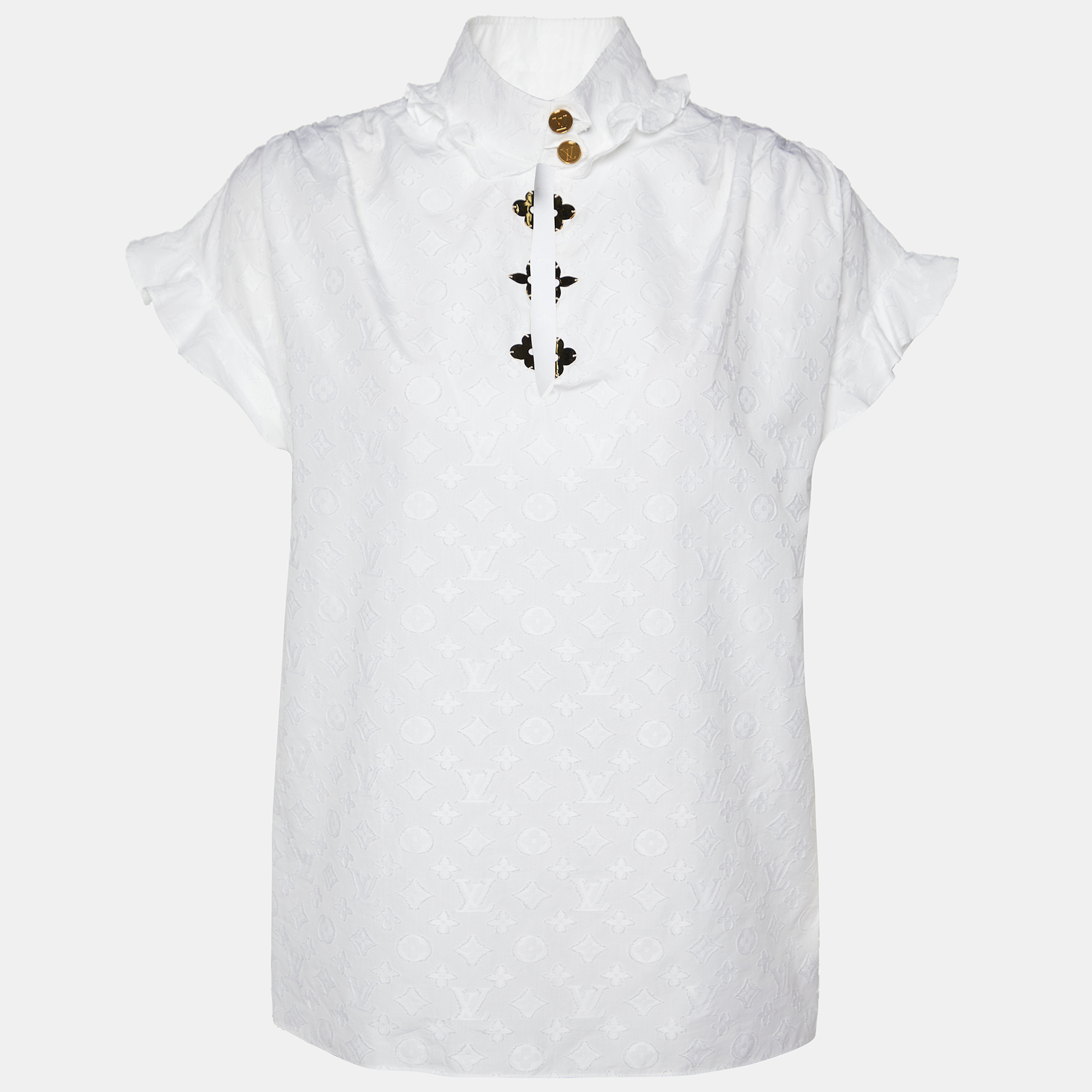 Louis Vuitton White Monogram Fil Coupé Cotton Frill Blouse S