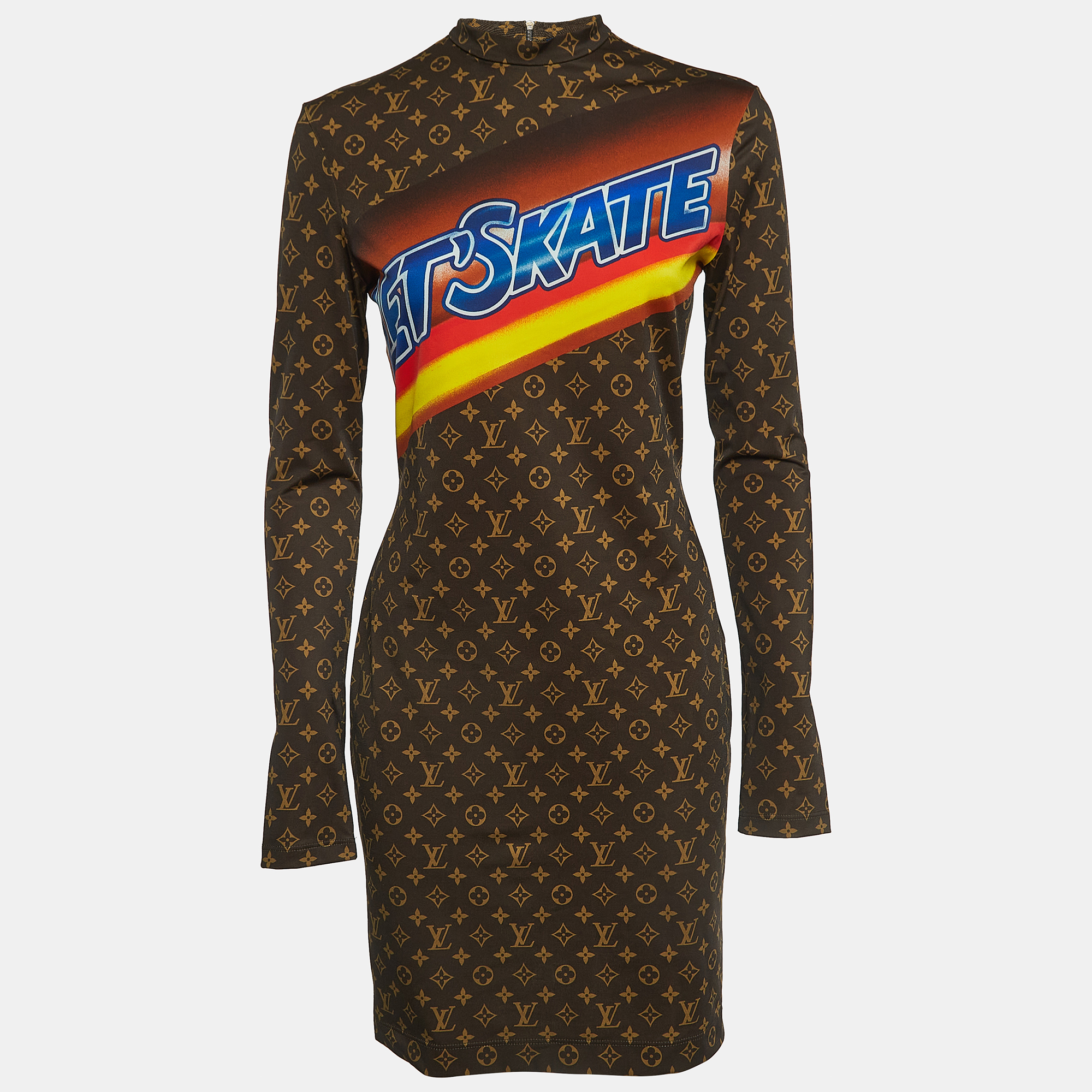 Pre Owned Louis Vuitton Brown Logo Monogram Print Jersey  Mini Dress M