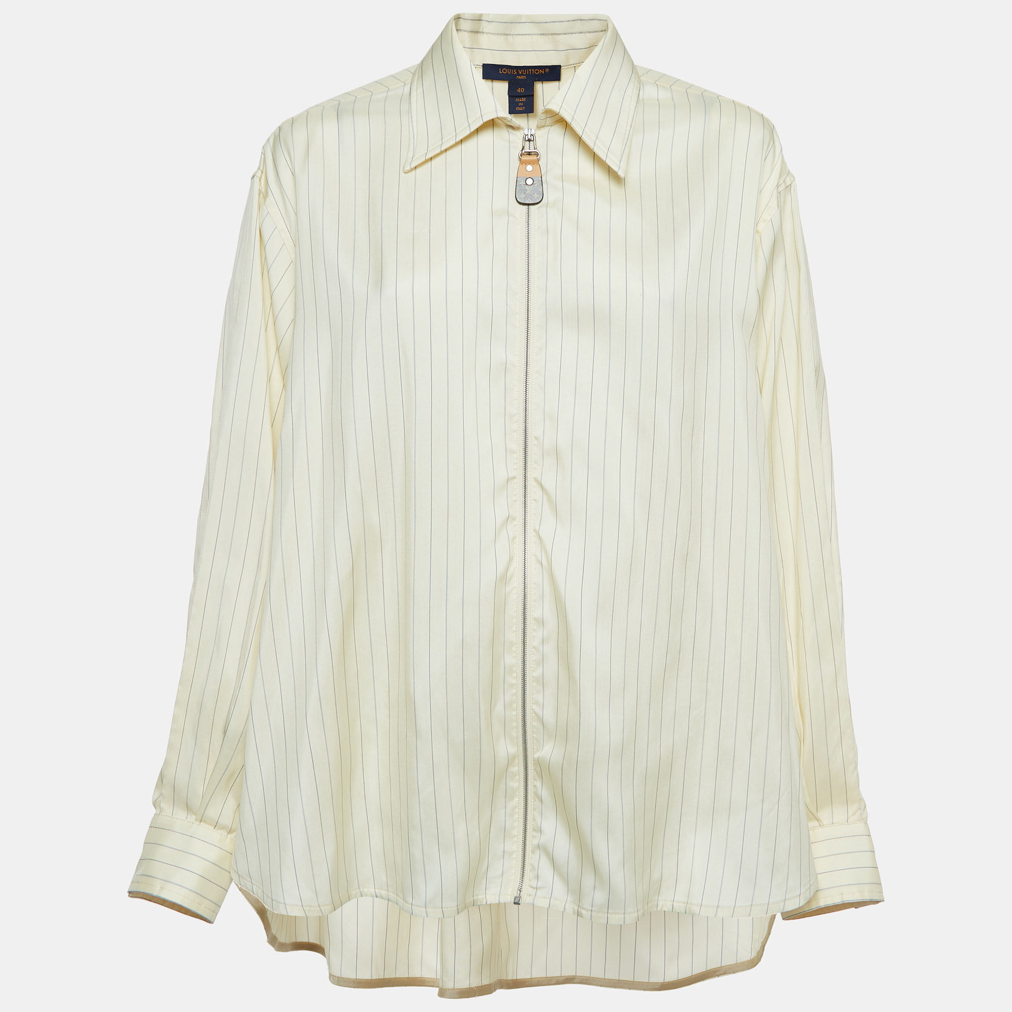 

Louis Vuitton Beige Pinstripe Silk Dipped Hem Zip-Up Shirt L