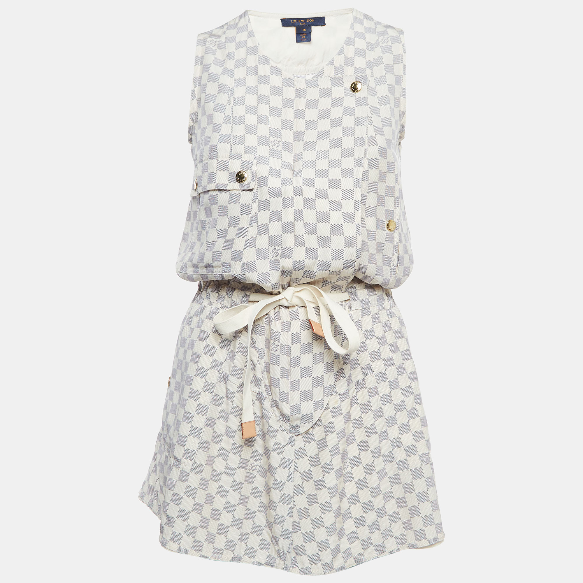 Pre-owned Louis Vuitton Off-white Damier Azur Print Silk Sleeveless Mini Dresses S