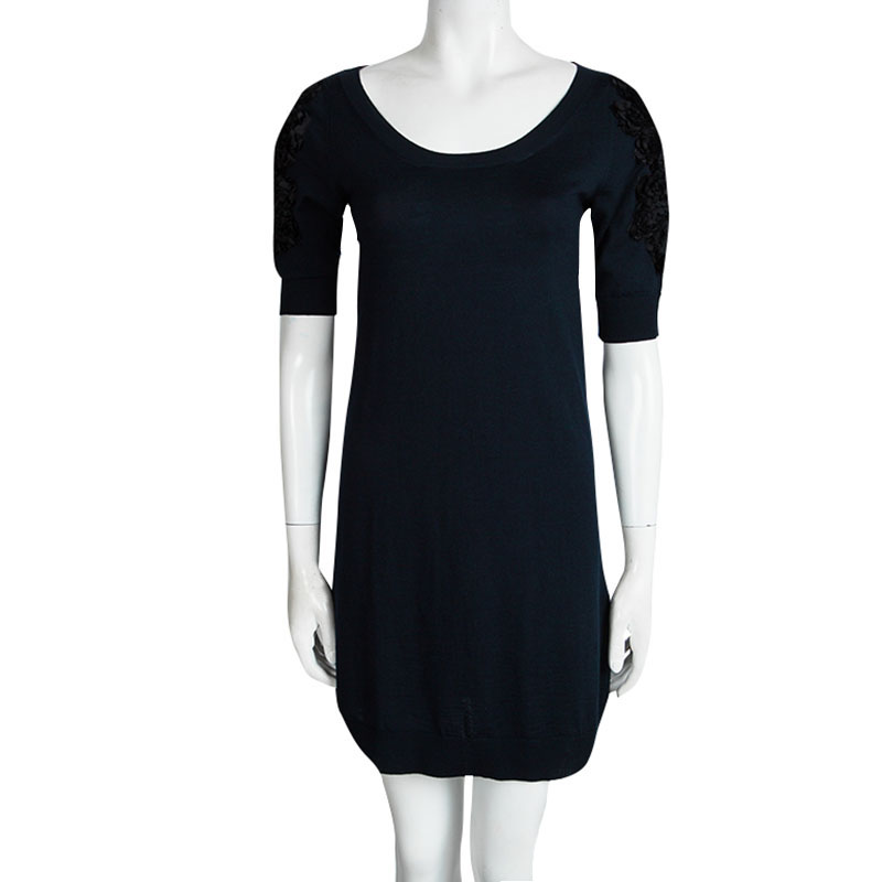 

Louis Vuitton Navy Blue Wool Floral Applique Sleeve Detail Sweater Dress