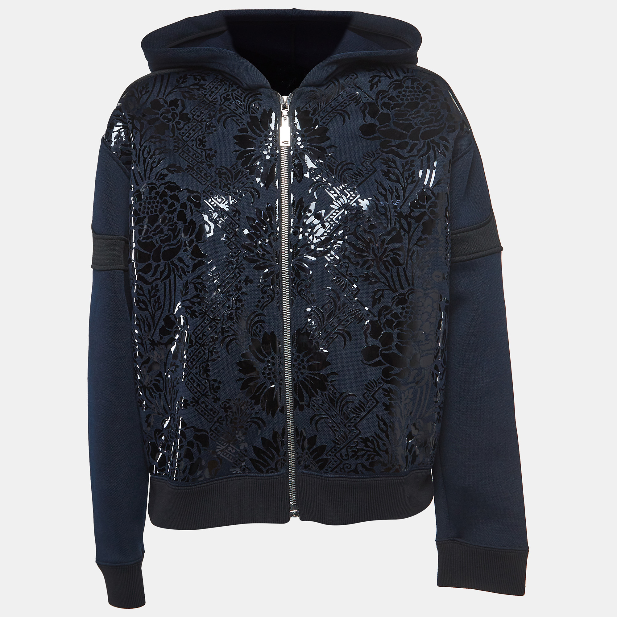 

Louis Vuitton Navy Blue Floral Pattern Leather Trim Knit Zipper Jacket