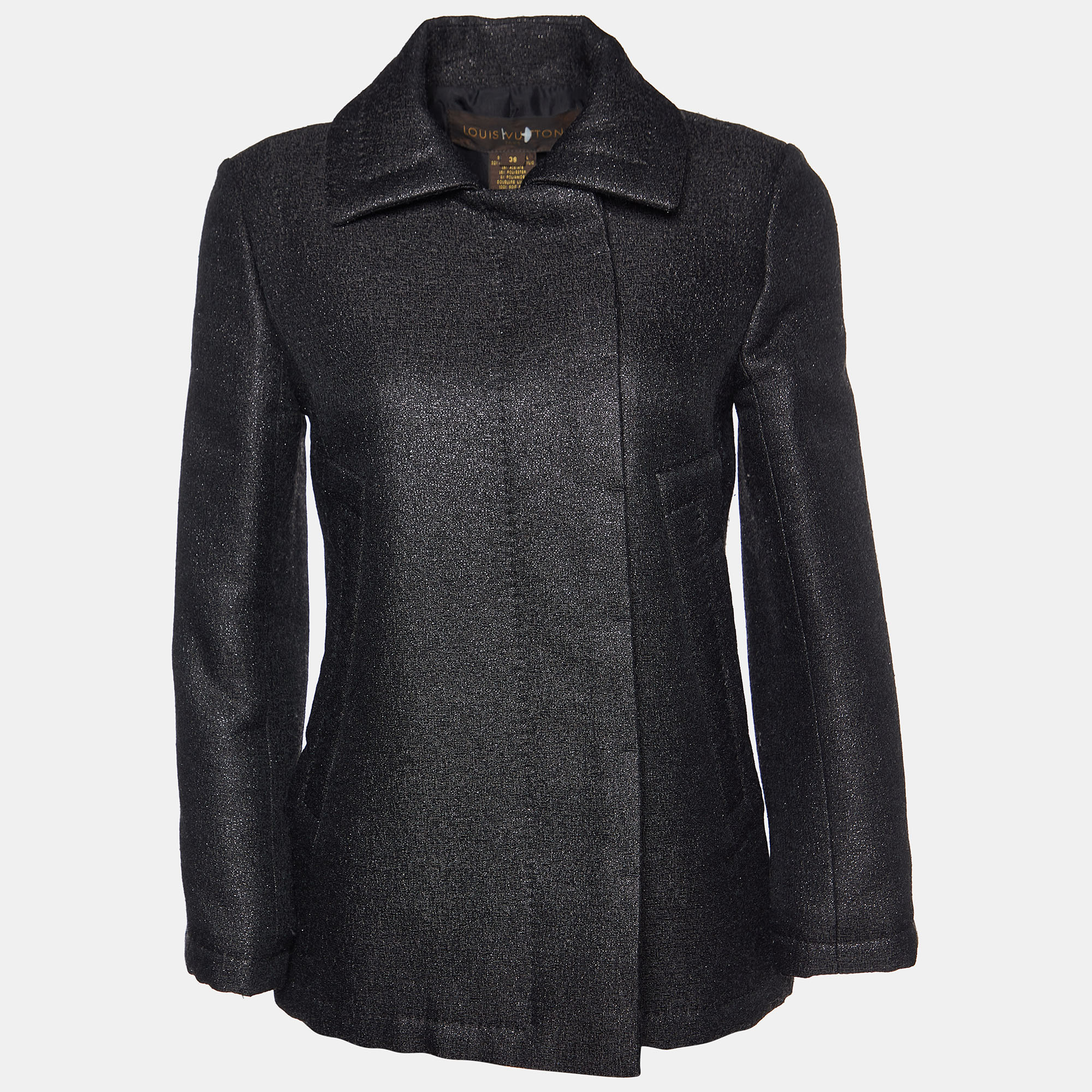 Wrap yourself in timeless elegance with the Louis Vuitton pea coat. Crafted with meticulous attention to detail this luxurious outerwear piece exudes sophistication and refinement. Its lustrous black lurex wool fabric offers both warmth and style making it a statement piece for any occasion.