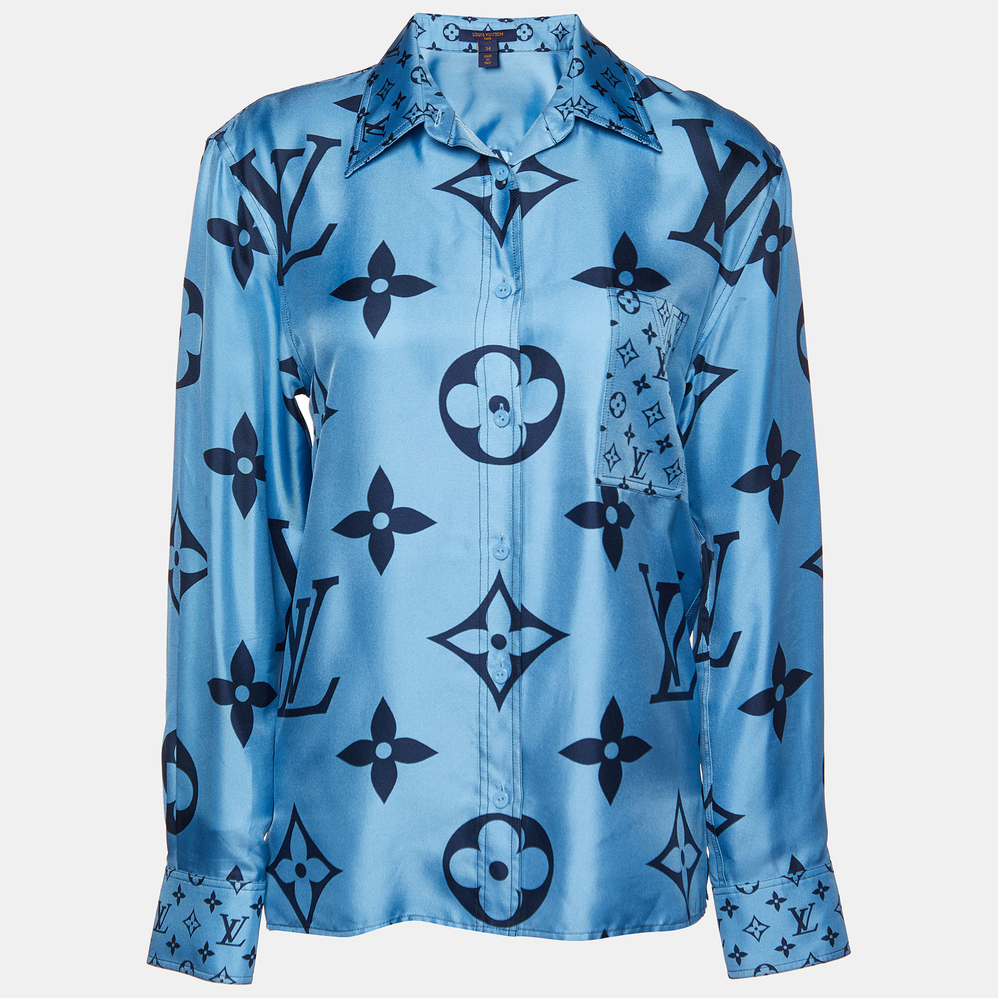 Louis Vuitton Blue Monogram Print Silk Button Front Shirt S