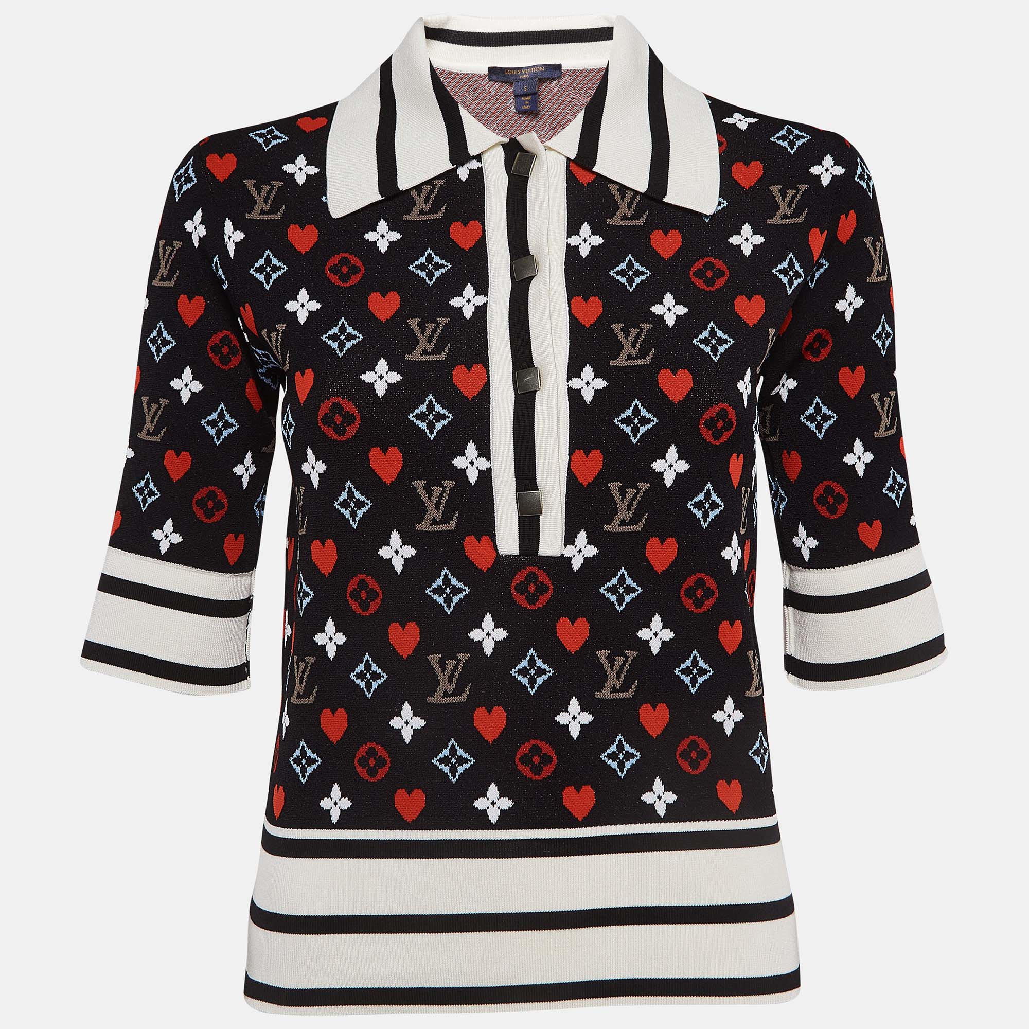 Pre-owned Louis Vuitton Black/multicolor Logo Intarsia Knit Polo T-shirt S