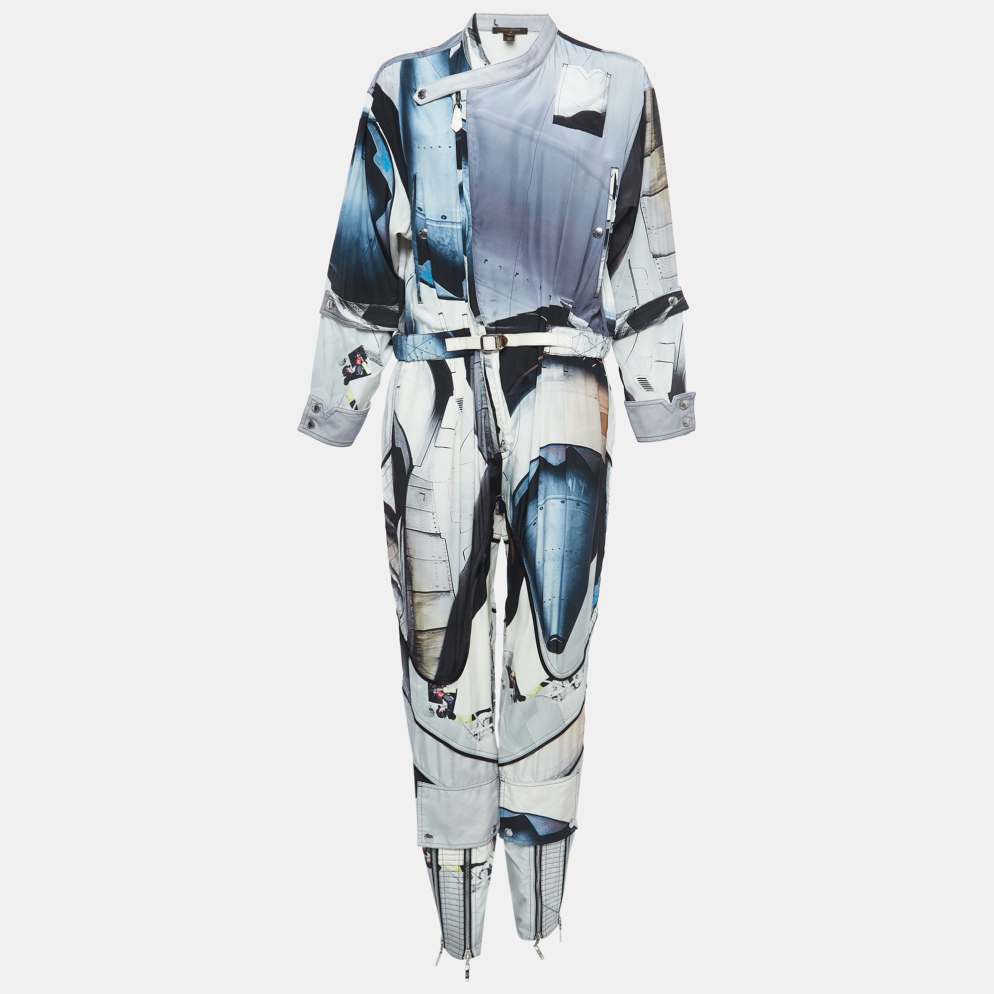 Louis Vuitton Blue Printed Silk Blend Belted Jumpsuit M