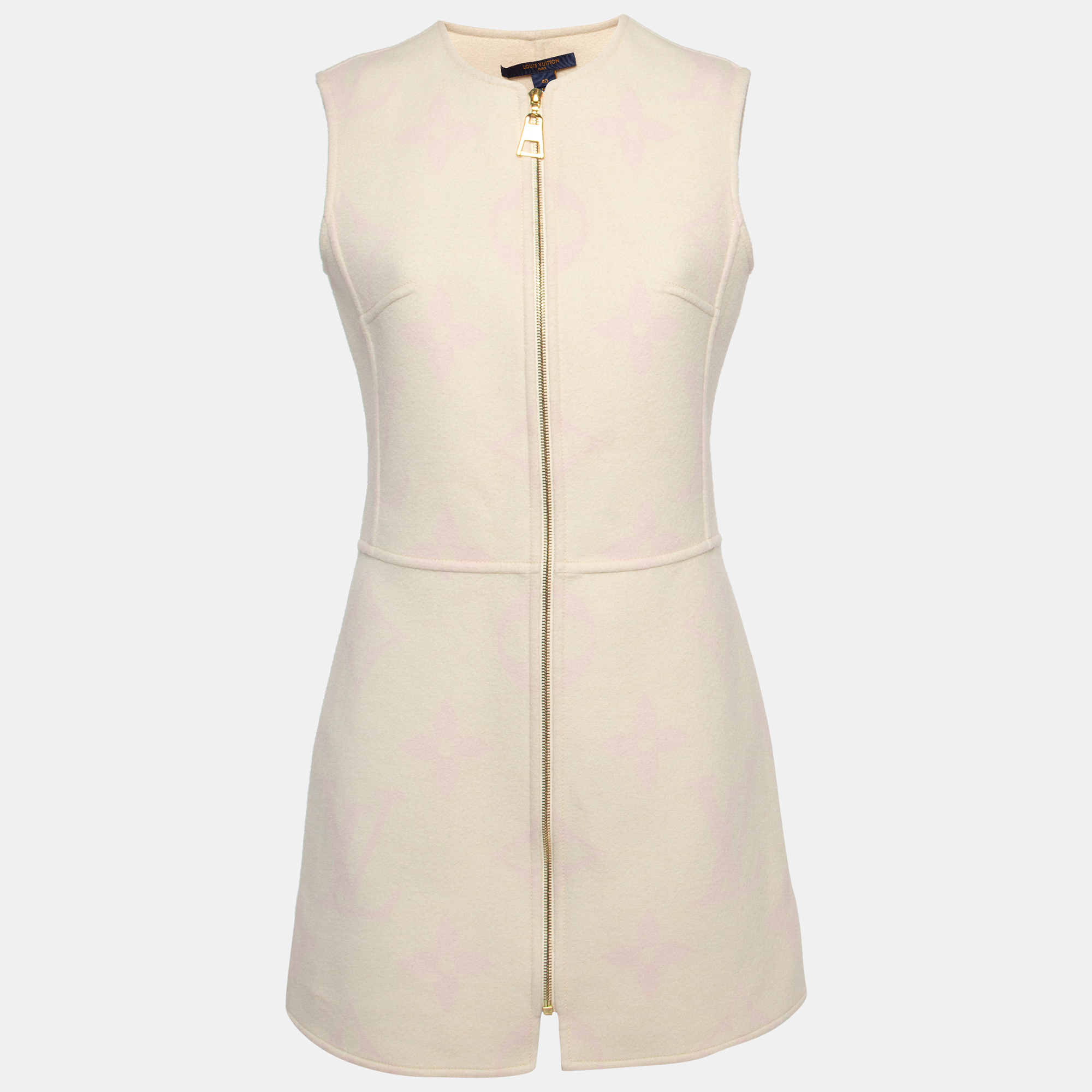 Louis Vuitton Cream Logo Print Wool Zipper Mini Dress M