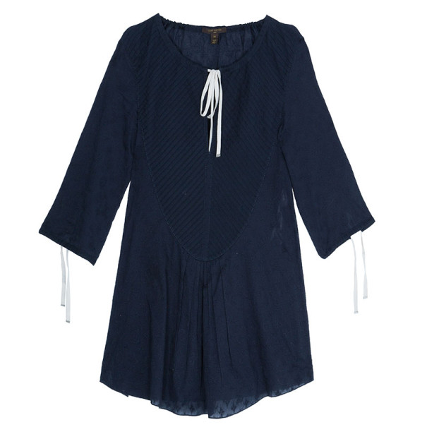 Pre Owned Louis Vuitton Navy Pleated Yoke Blouse S