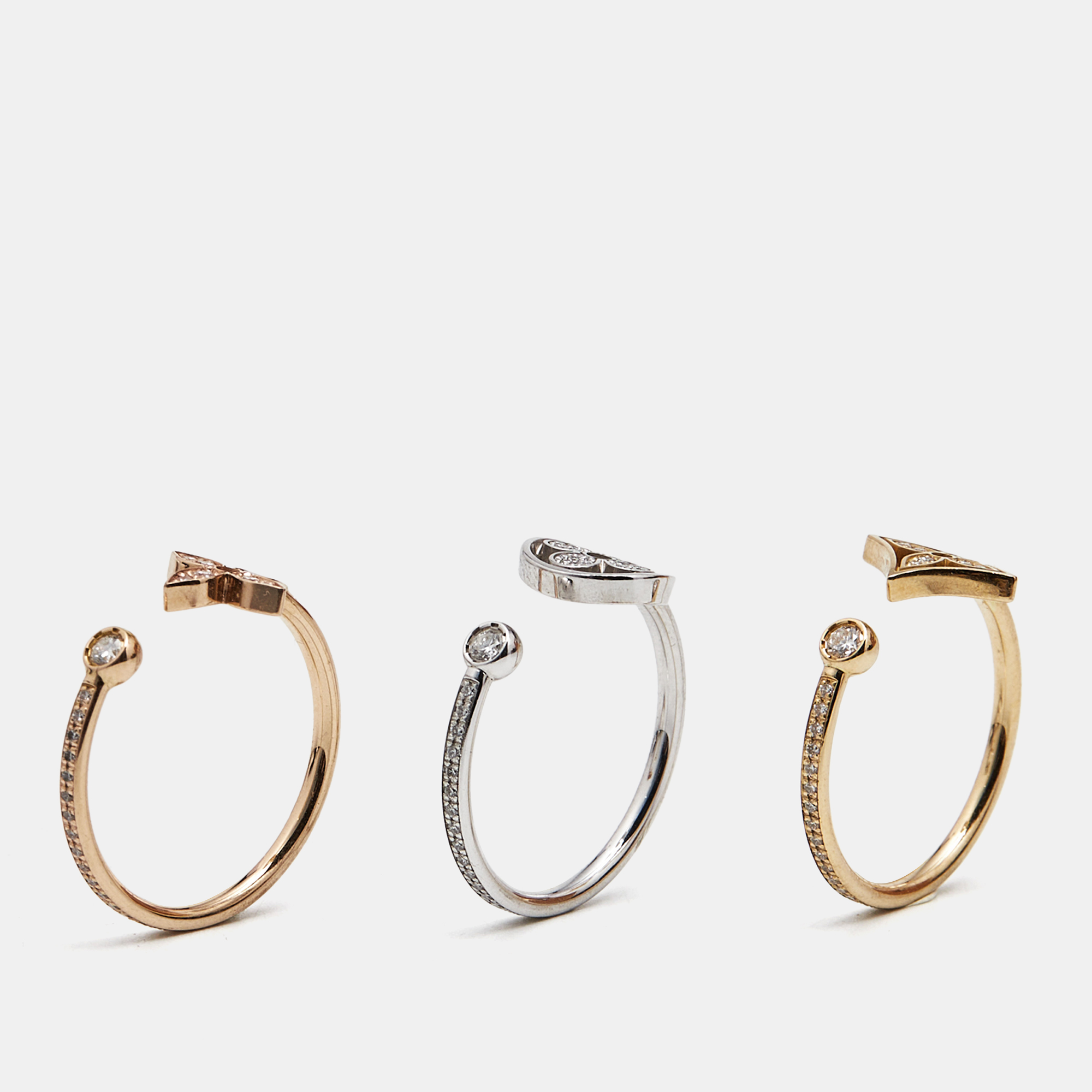

Louis Vuitton Idylle Blossom Diamond Pavéd 18k Three Tone Gold Set of 3 Rings Size