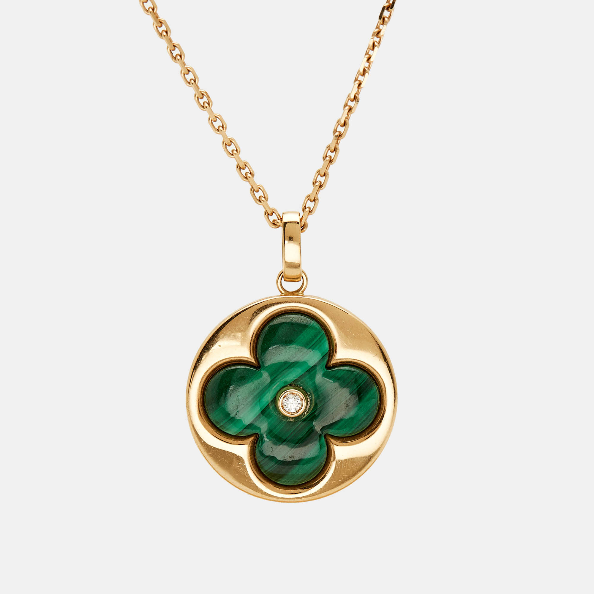 Pre-owned Louis Vuitton Color Blossom Bb Malachite Diamond 18k Rose Gold Xl Medallion Necklace
