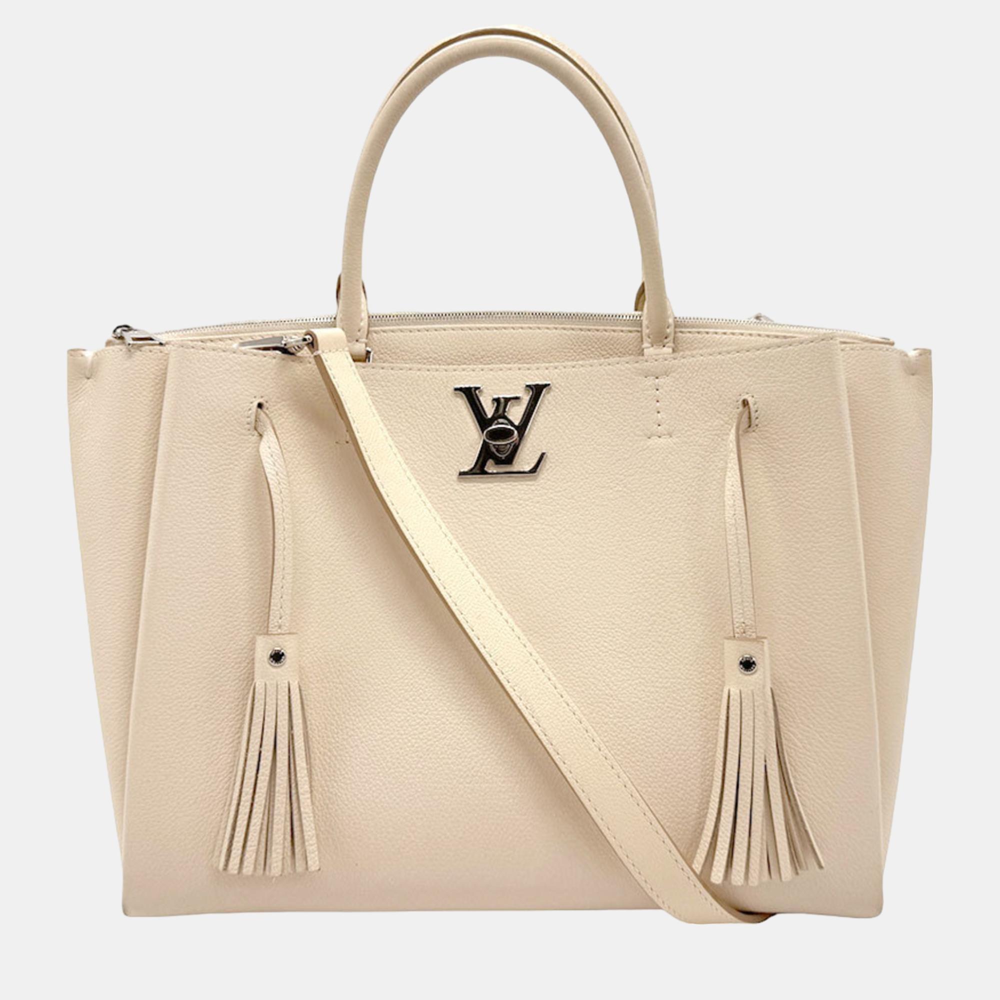 Pre-owned Louis Vuitton Neutrals Taurillon Leather Lockmeto Top Handle Bags In Beige