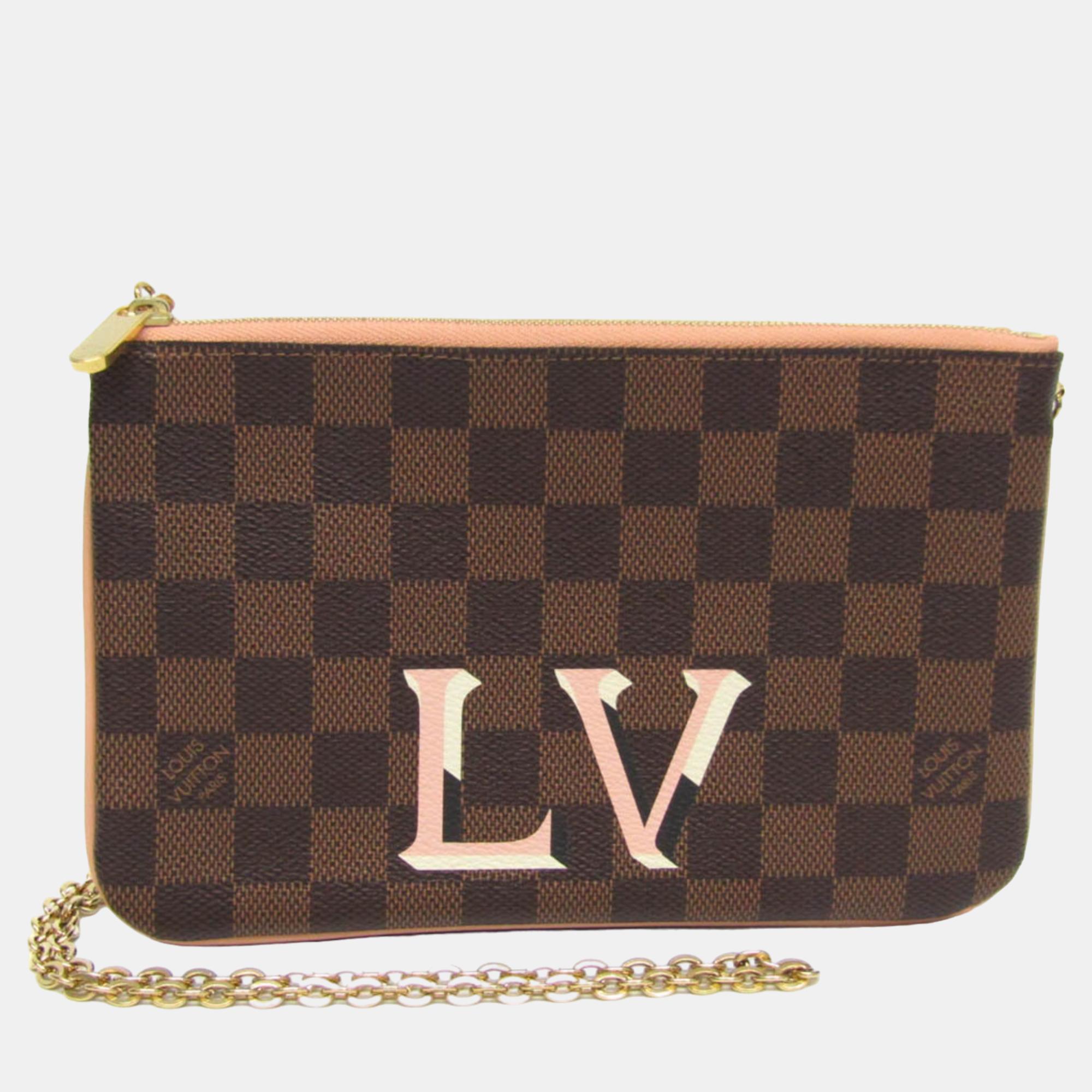 Pre-owned Louis Vuitton Damier Ebene Double Zip Pochette Clutches In Brown