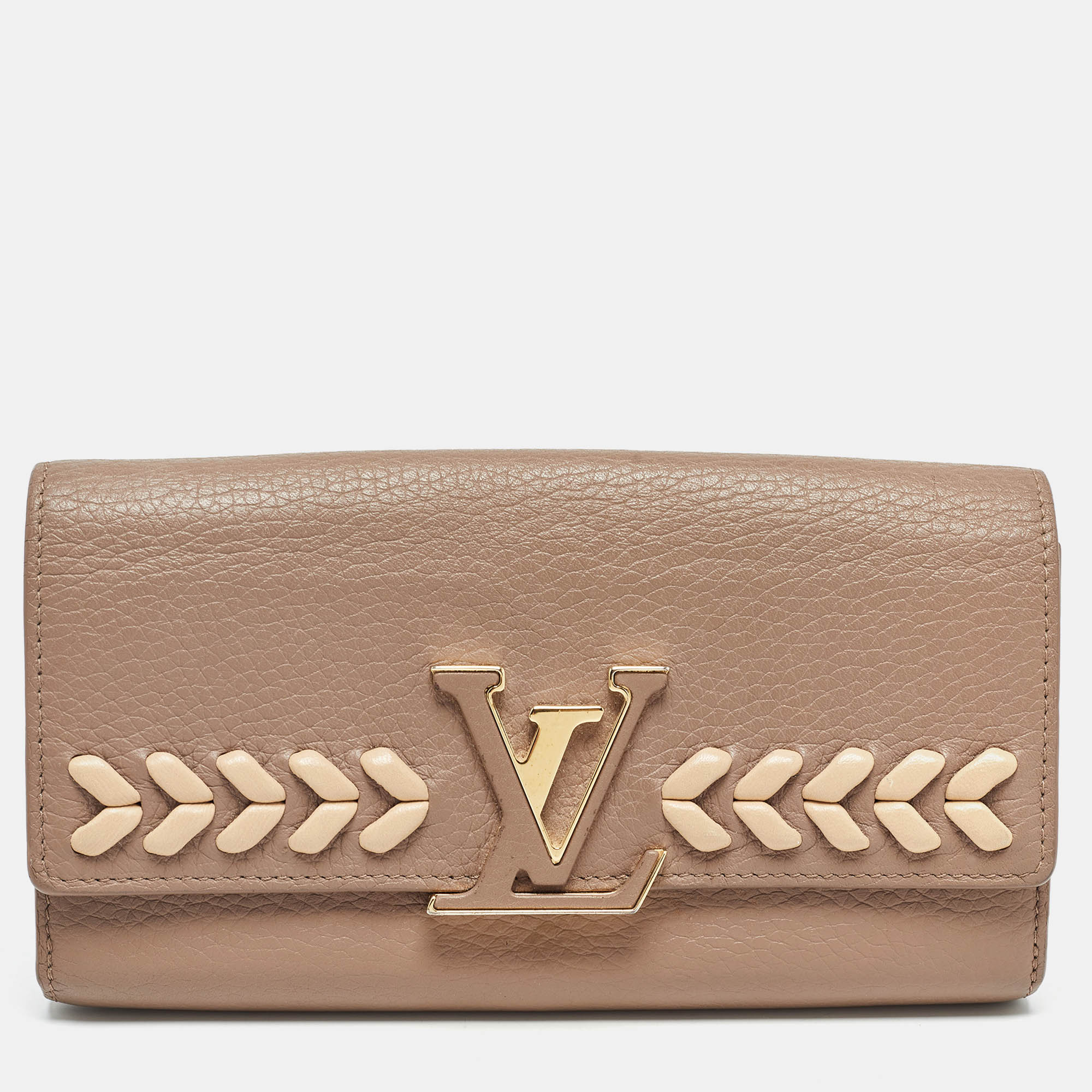 Pre-owned Louis Vuitton Galet Leather Capucines Wallet In Beige