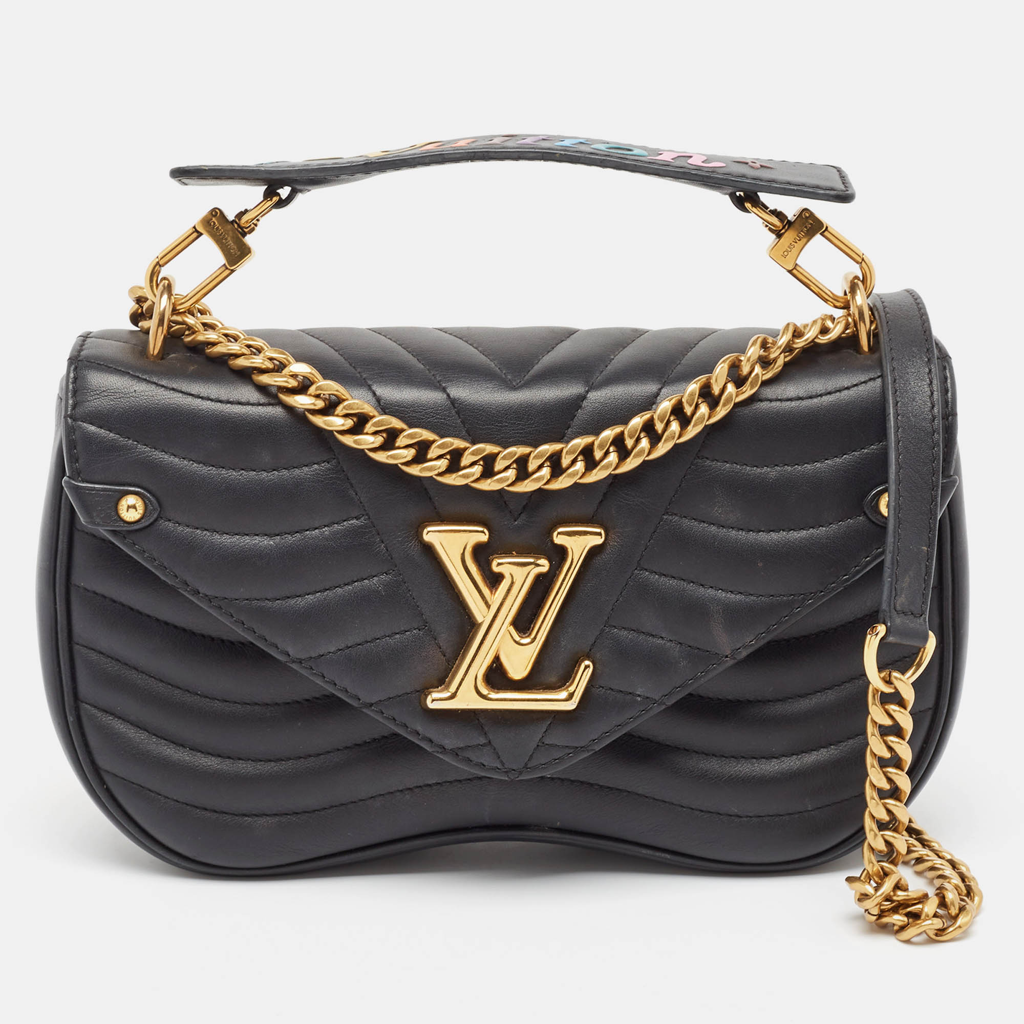 Pre-owned Louis Vuitton Black Quilted Leather New Wave Chain Mm Bag