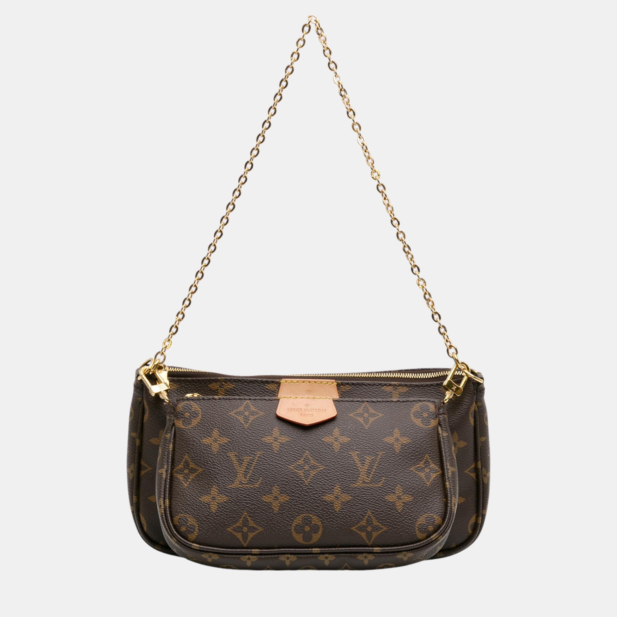 The Multi Pochette Accessoires features a monogram canvas body a detachable chain link strap a top zip closure an interior slip pocket and removable mini pochette and coin pouch inclusions.