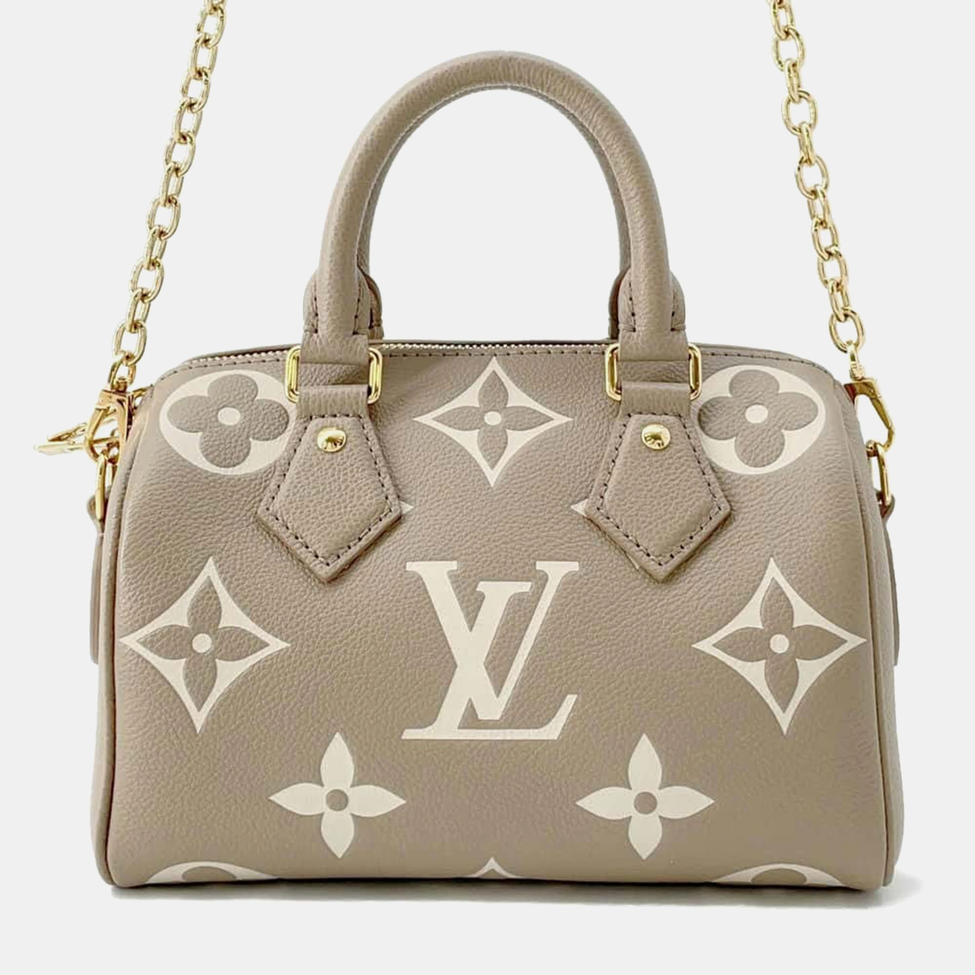 

Louis Vuitton Monogram Leather Speedy Bandouliere Tourterelle claim Empreinte bag Size, Beige