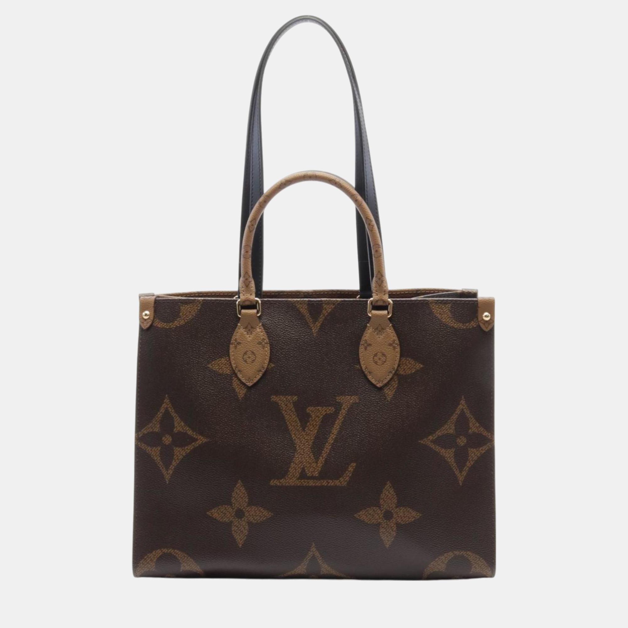 

Louis Vuitton Brown Beige Monogram Giant Reverse Leather Coated Canvas On the Go MM Tote Bag