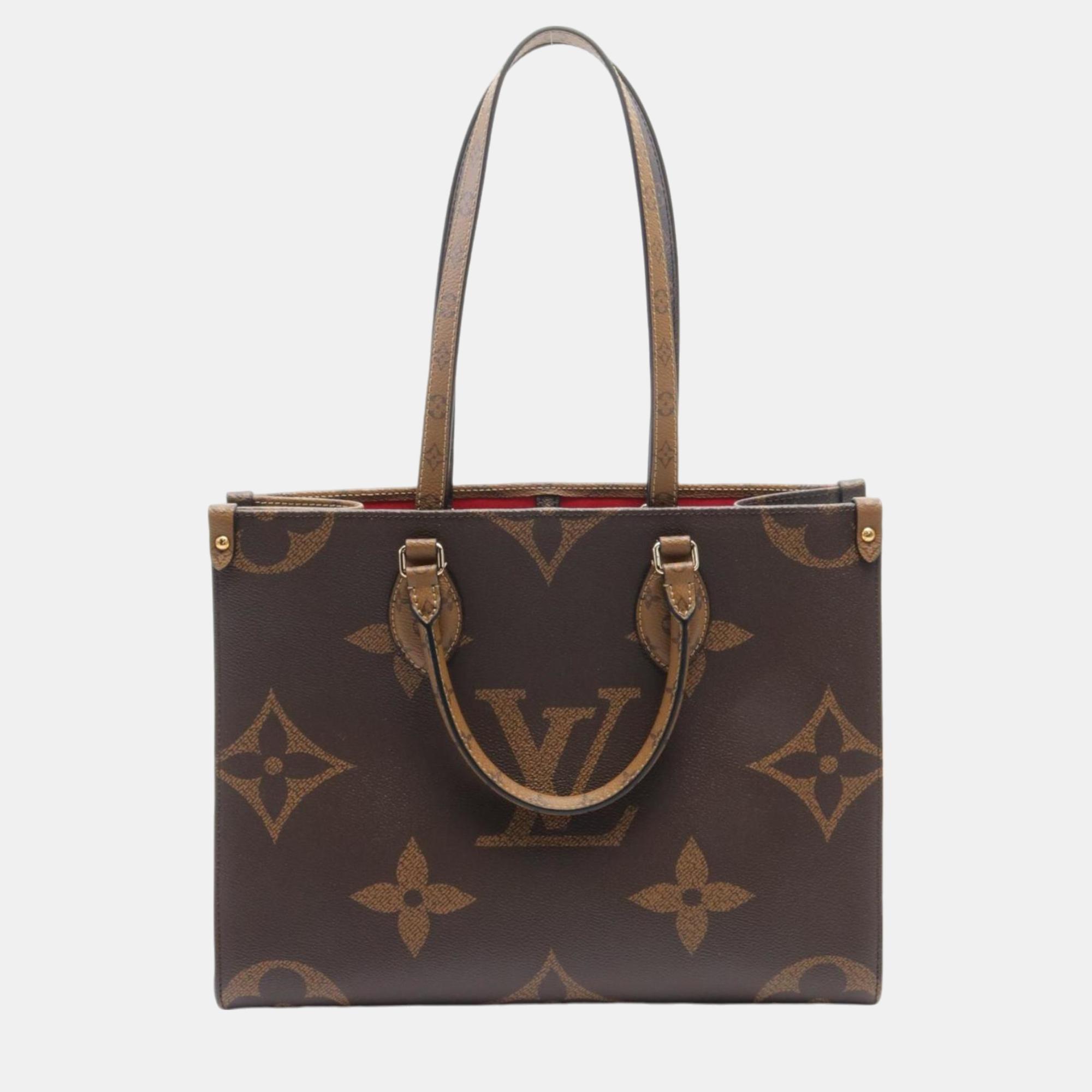 

Louis Vuitton Brown Beige Coated Canvas Leather On the Go MM Monogram Giant Reverse Tote Bag