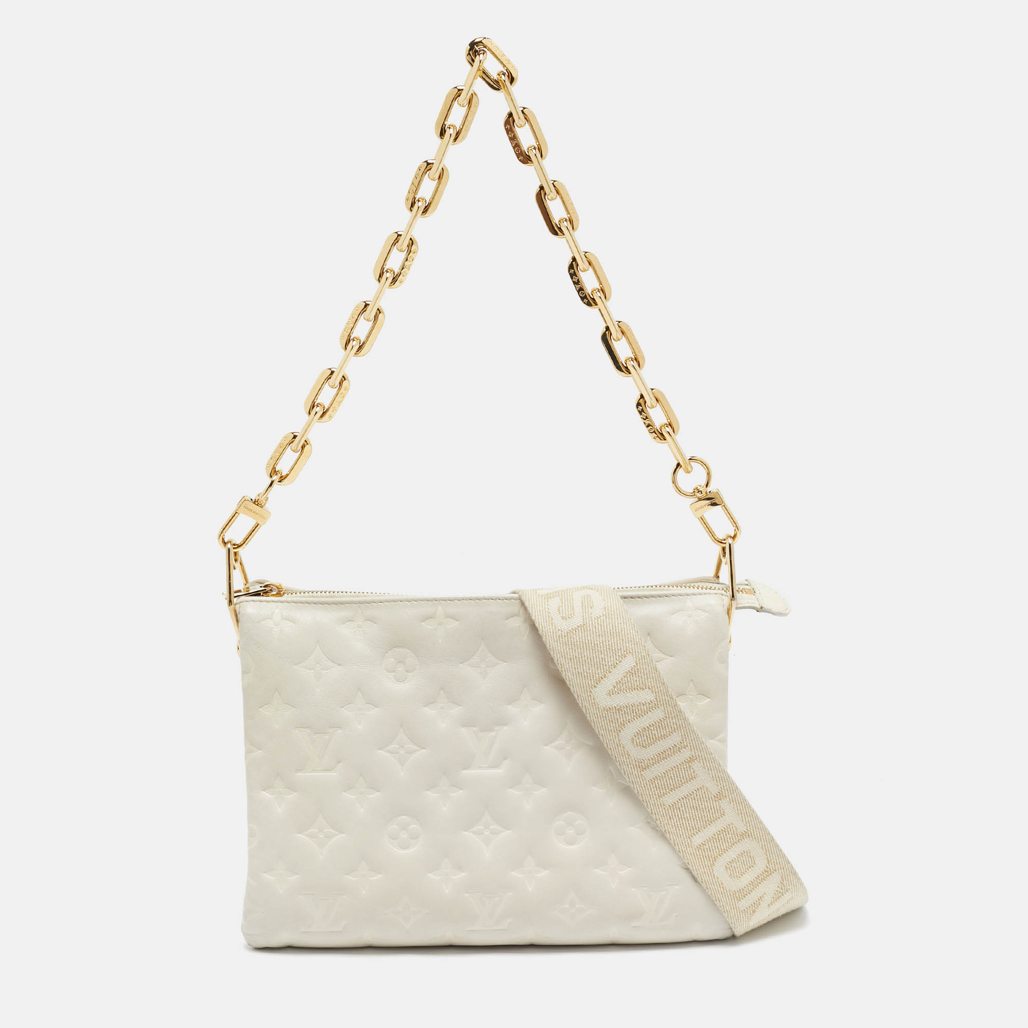 

Louis Vuitton White Monogram Embossed Leather Coussin PM Bag