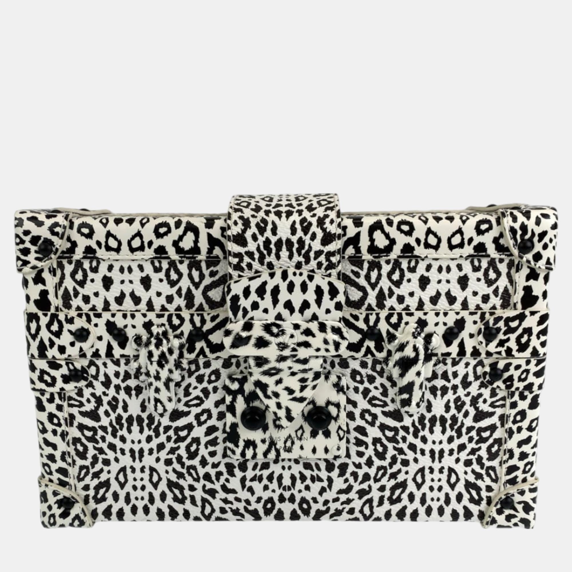 

Louis Vuitton Black/White Coated Canvas Leopard Print and Fringe Strap Petite Malle Shoulder Bags