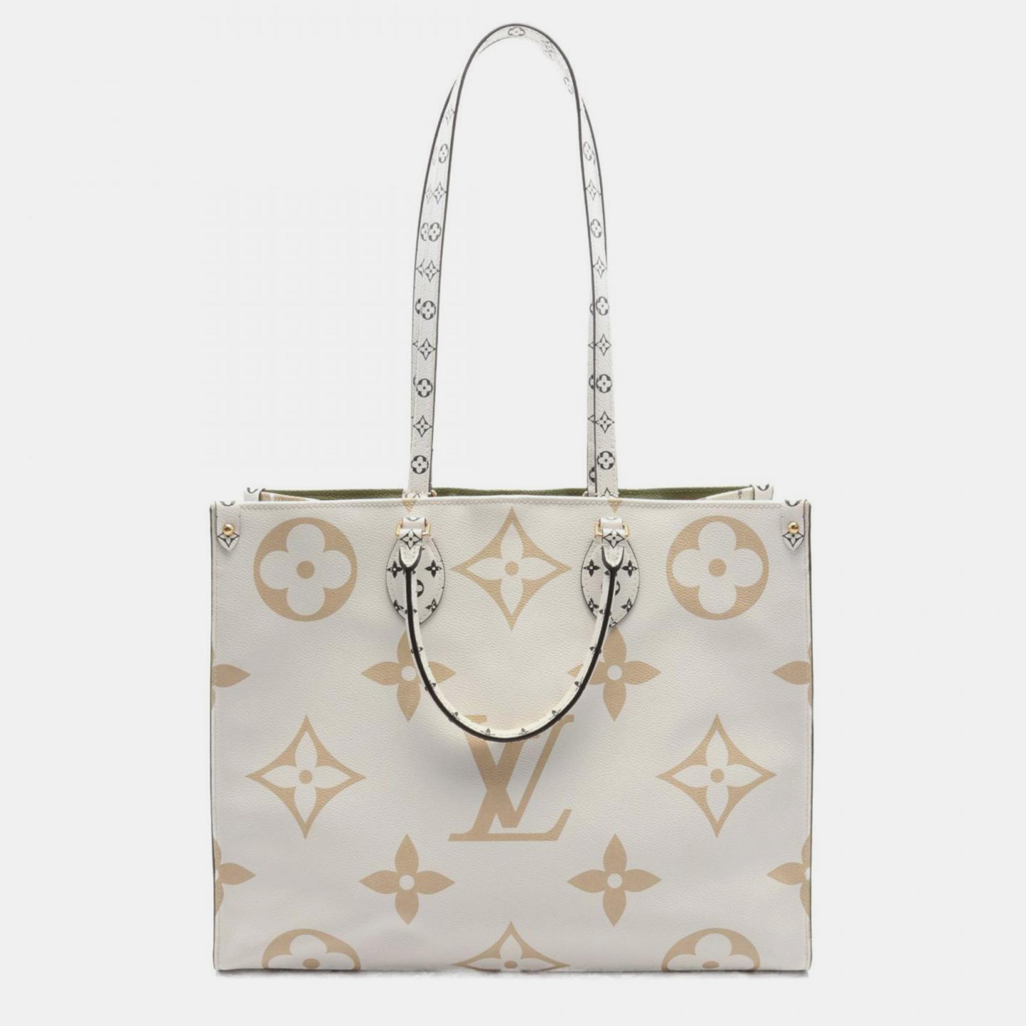 Pre-owned Louis Vuitton On The Go Gm Giant Monogram Coated Canvas Leather White Khaki Multicolor Tote Bag