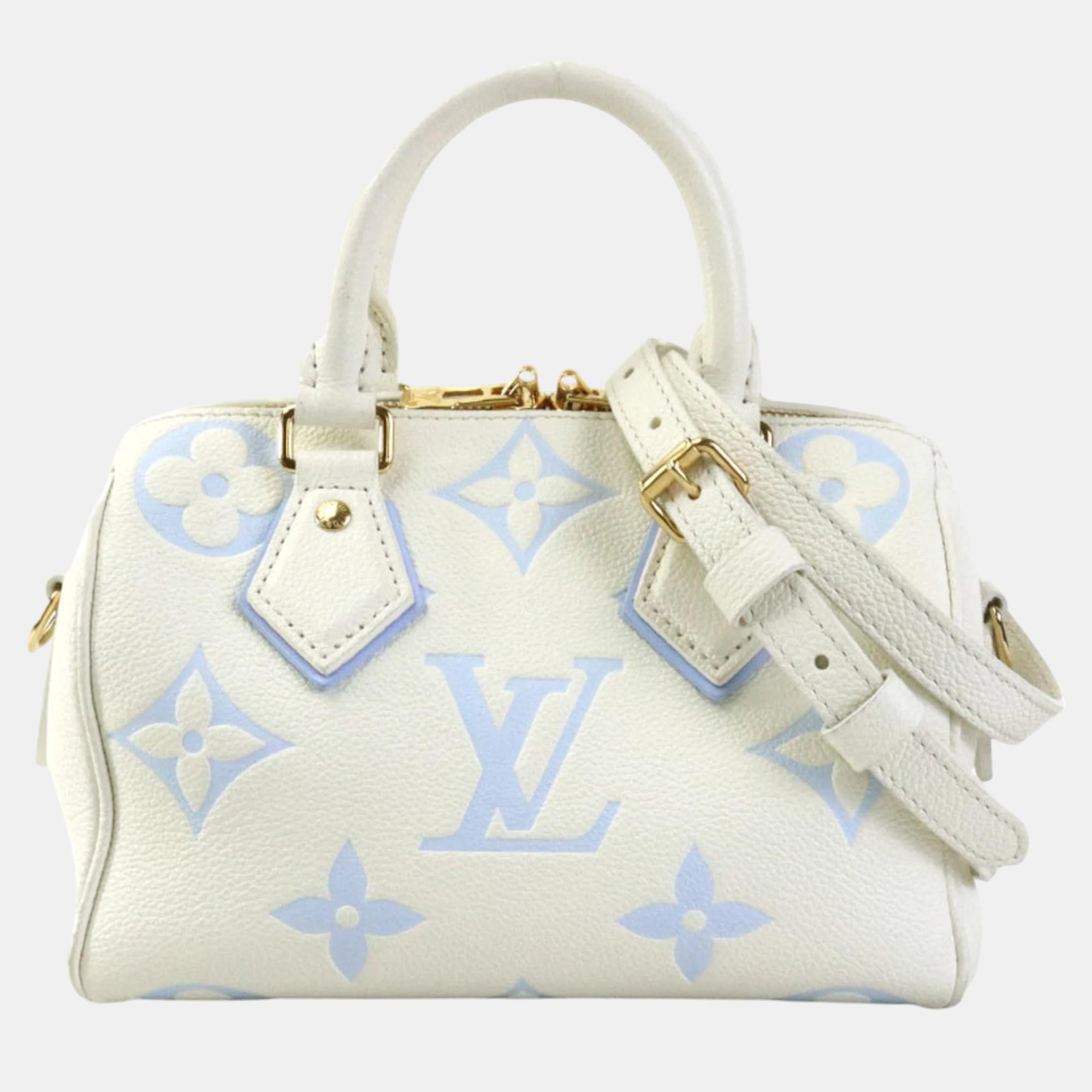 

Louis Vuitton Latte White Candy Blue Leather Monogram Empreinte Bicolor Speedy Bandouliere 20 Handbag