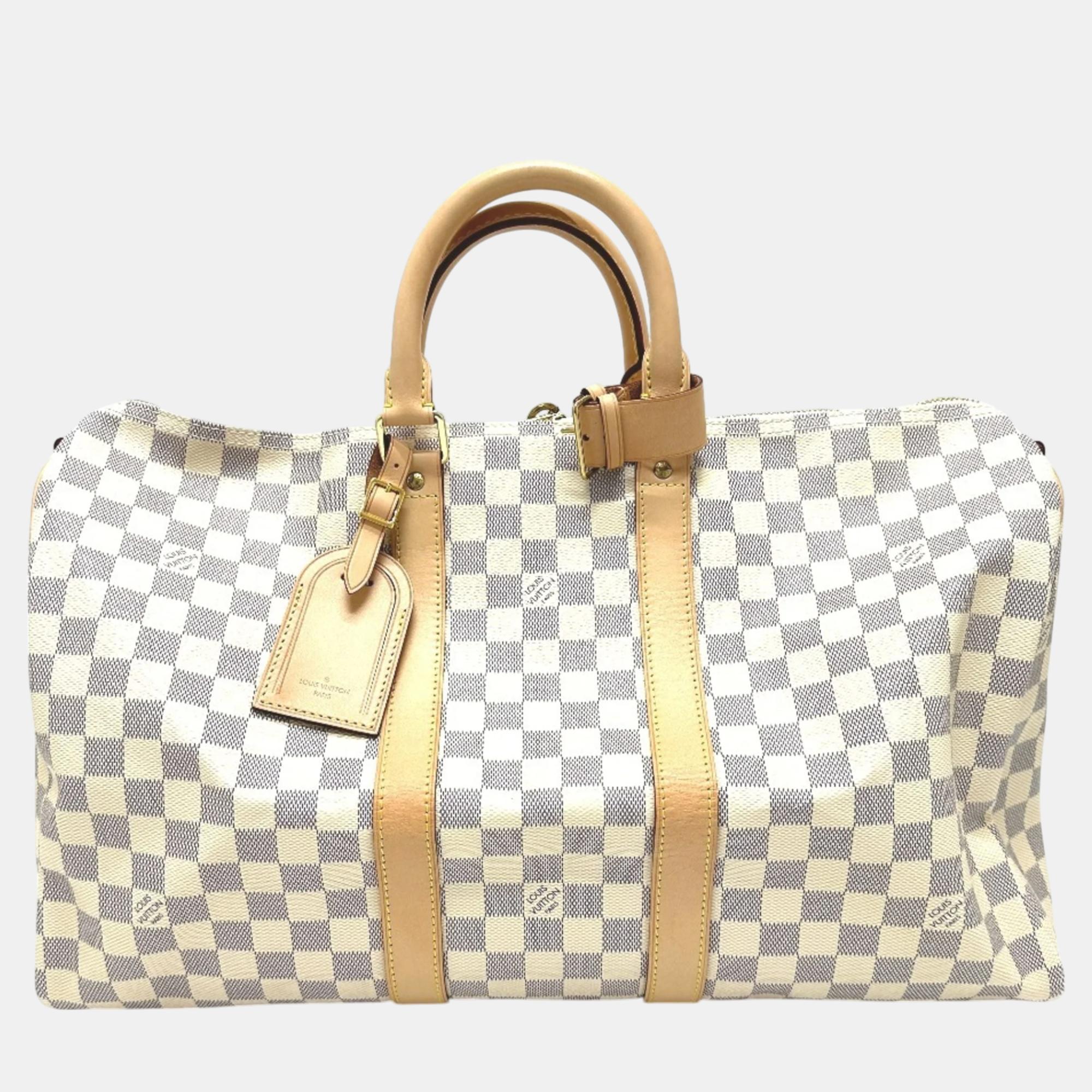 

Louis Vuitton Canvas White Damier Azur Keepall Bandouliere 45 Boston Bag