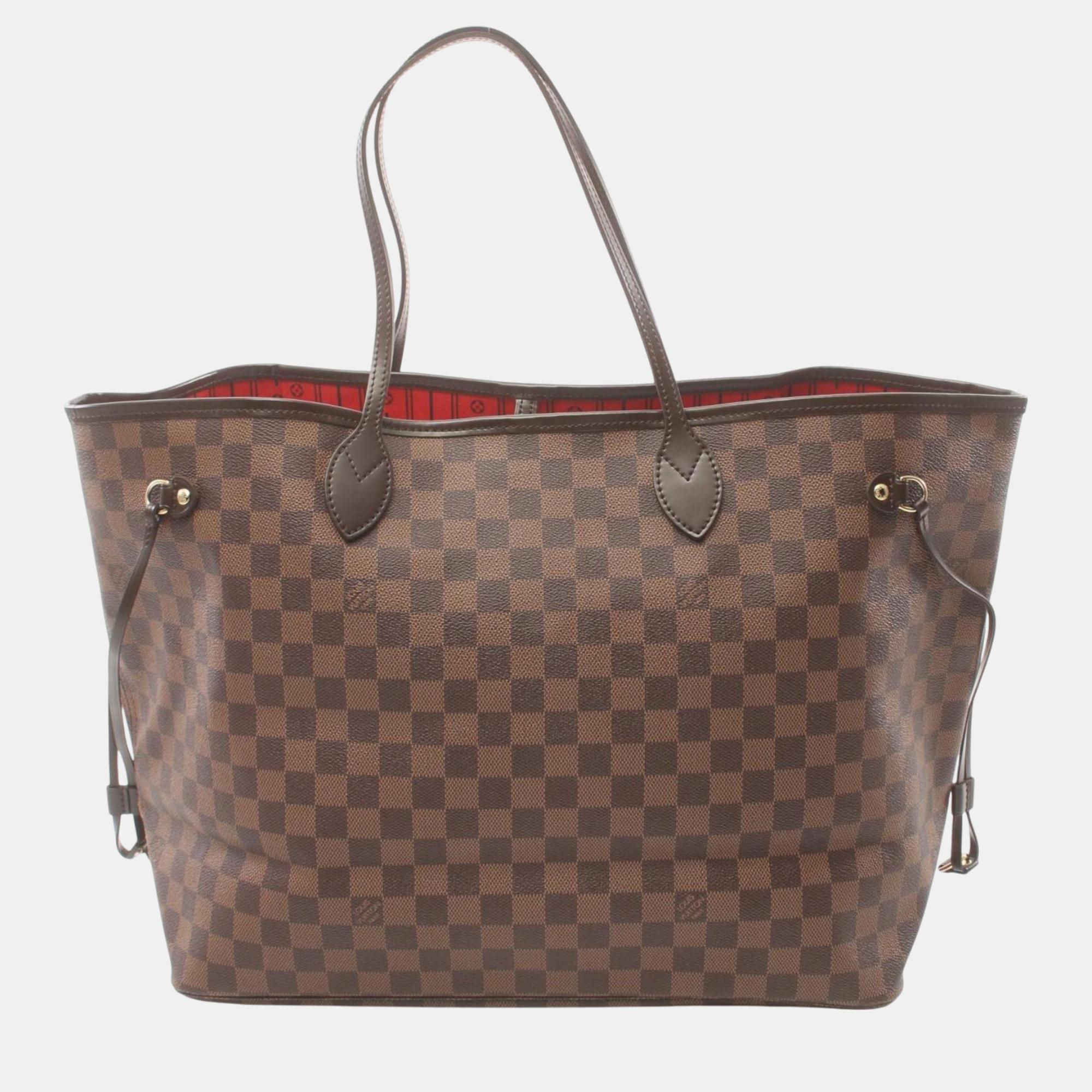 

Louis Vuitton Coated Canvas Leather Brown Neverfull Gm Damier Ebene Tote Bag