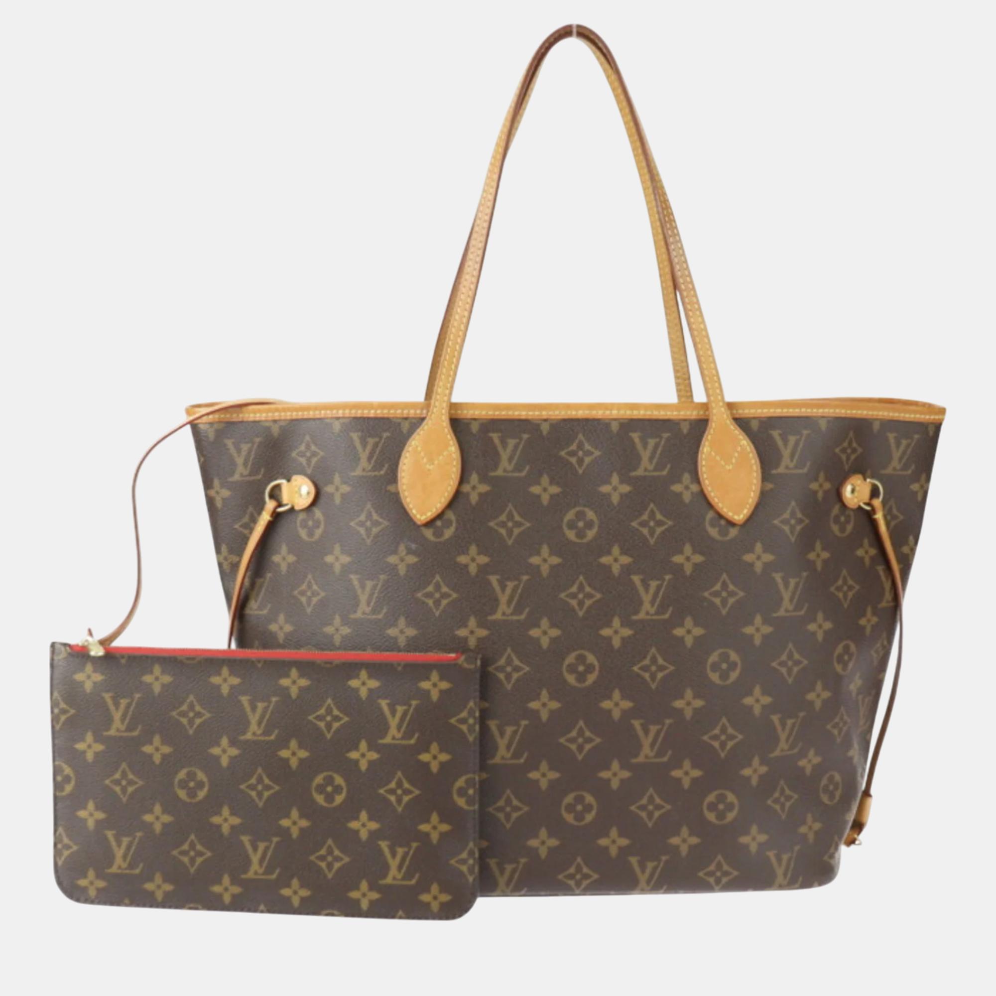 

Louis Vuitton Monogram Canvas Leather Brown Red Neverfull MM Tote Bag