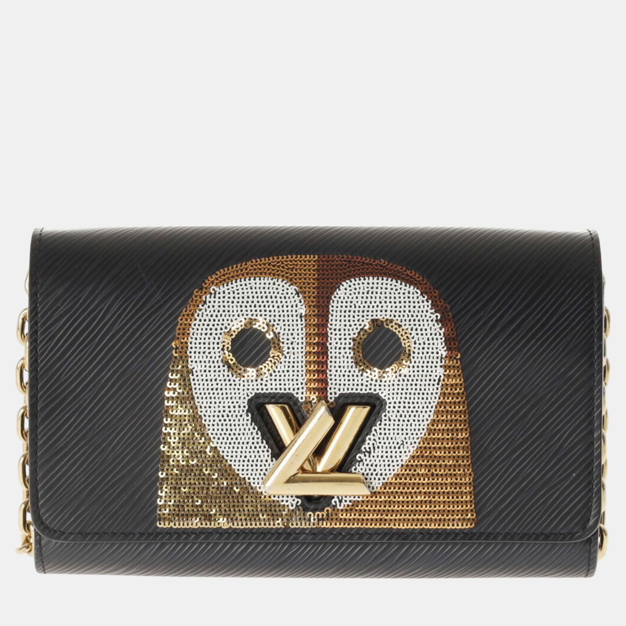 

Louis Vuitton Sequins Black Leather Epi Portefeuille Twist Chain Owl Wallet