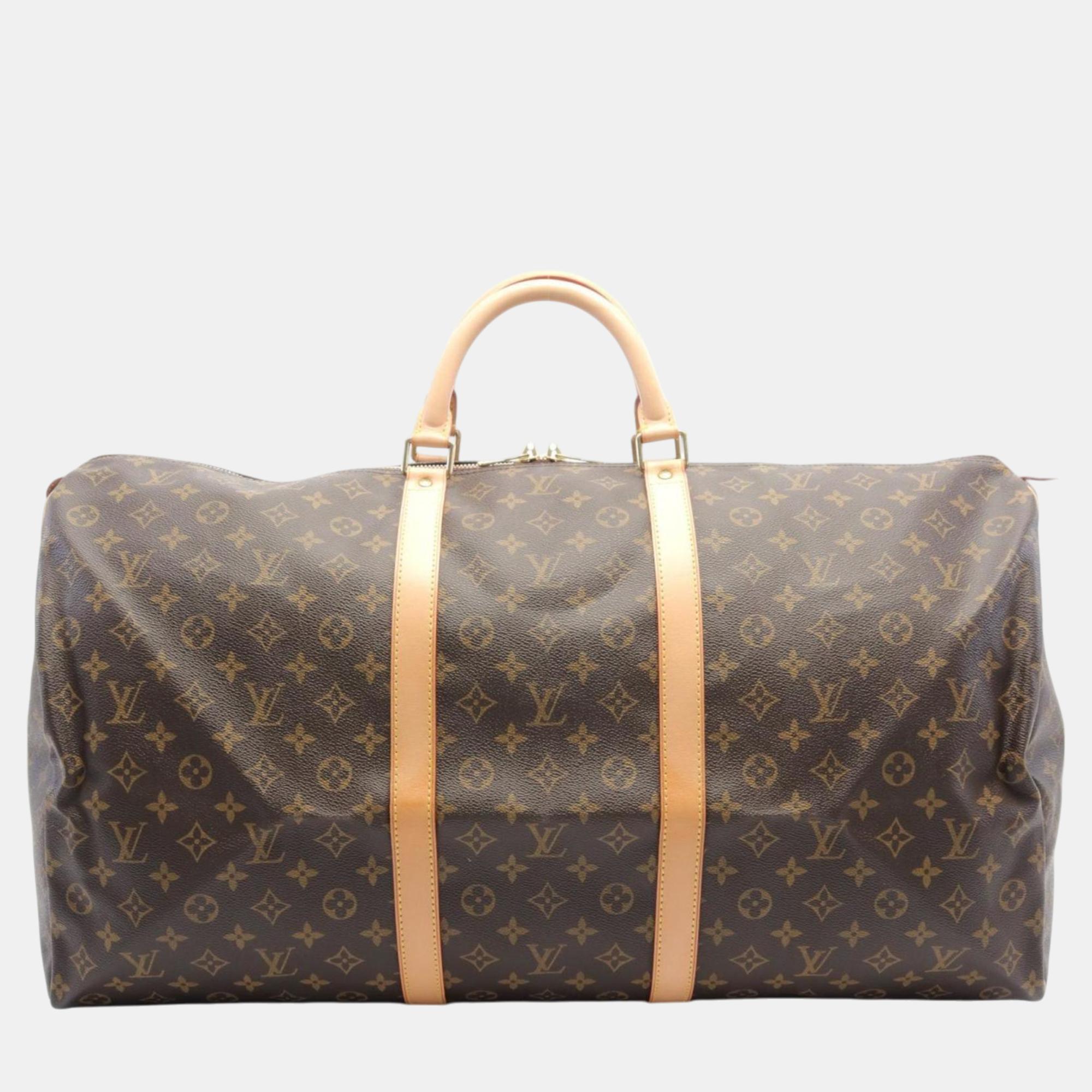 

Louis Vuitton Coated Canvas Leather Monogram Brown Keepall 60 Monogram Boston Bag