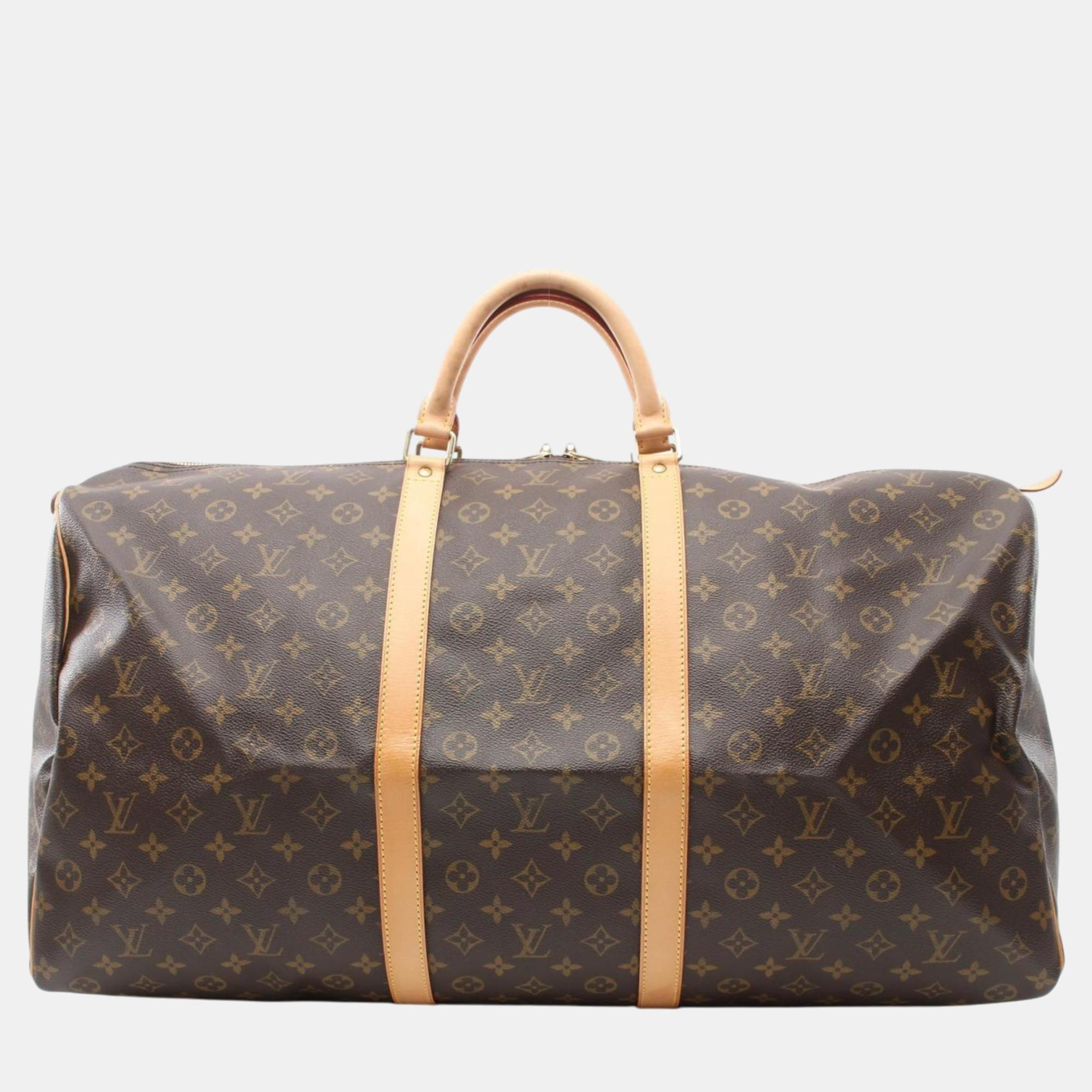 

Louis Vuitton Coated Canvas Leather Brown Keepall 60 Monogram Boston Bag