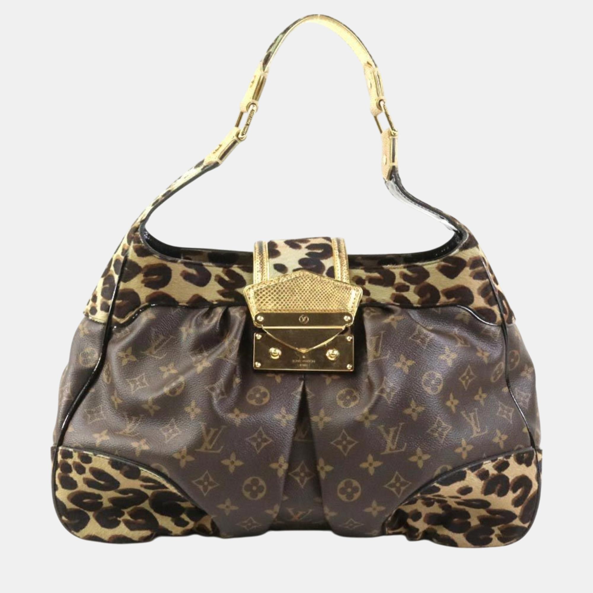 

Louis Vuitton Brown/Blue/Gold Canvas/Pony Gold Monogram Leopard Polly Shoulder Bag