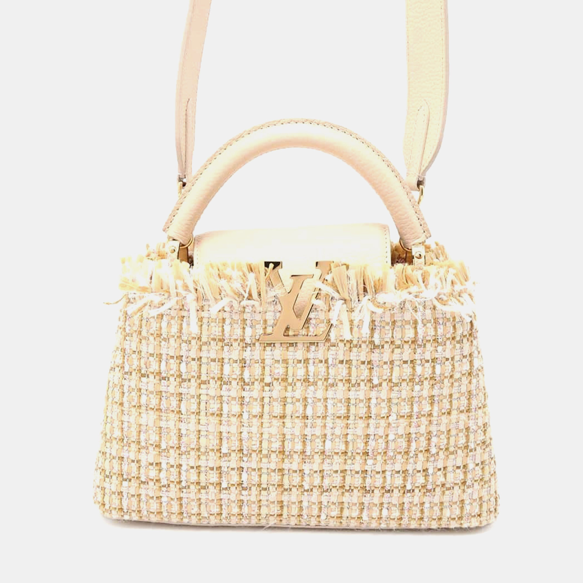 

Louis Vuitton Beige Tweed Raffia Cotton Ribbon Lurex Yarn Capucines bag Size Bb