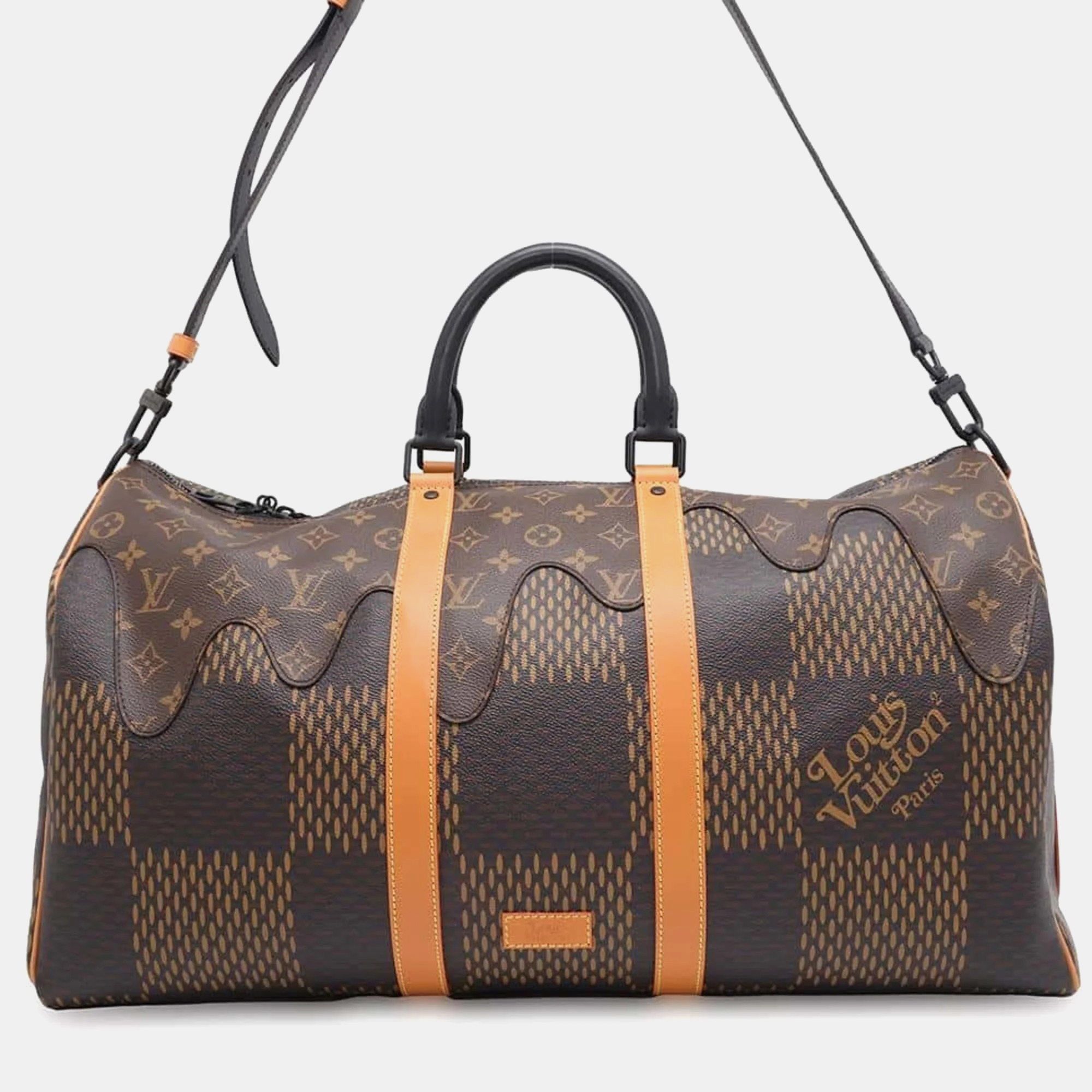 

Louis Vuitton Damier Ebene Giant Monogram Keepall Bandouliere 50 Boston Bag, Brown