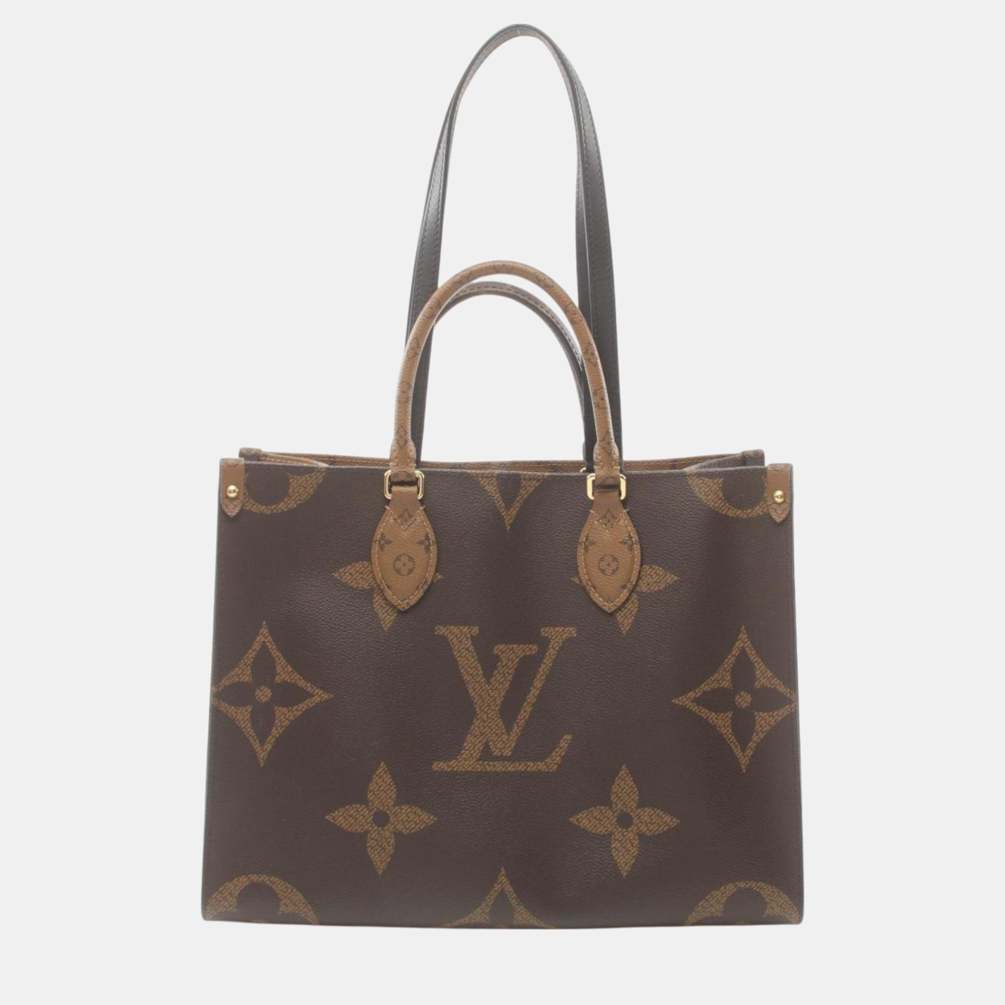 

Louis Vuitton Coated Canvas Leather Brown Beige On The Go Mm Monogram Giant Reverse Tote Bag