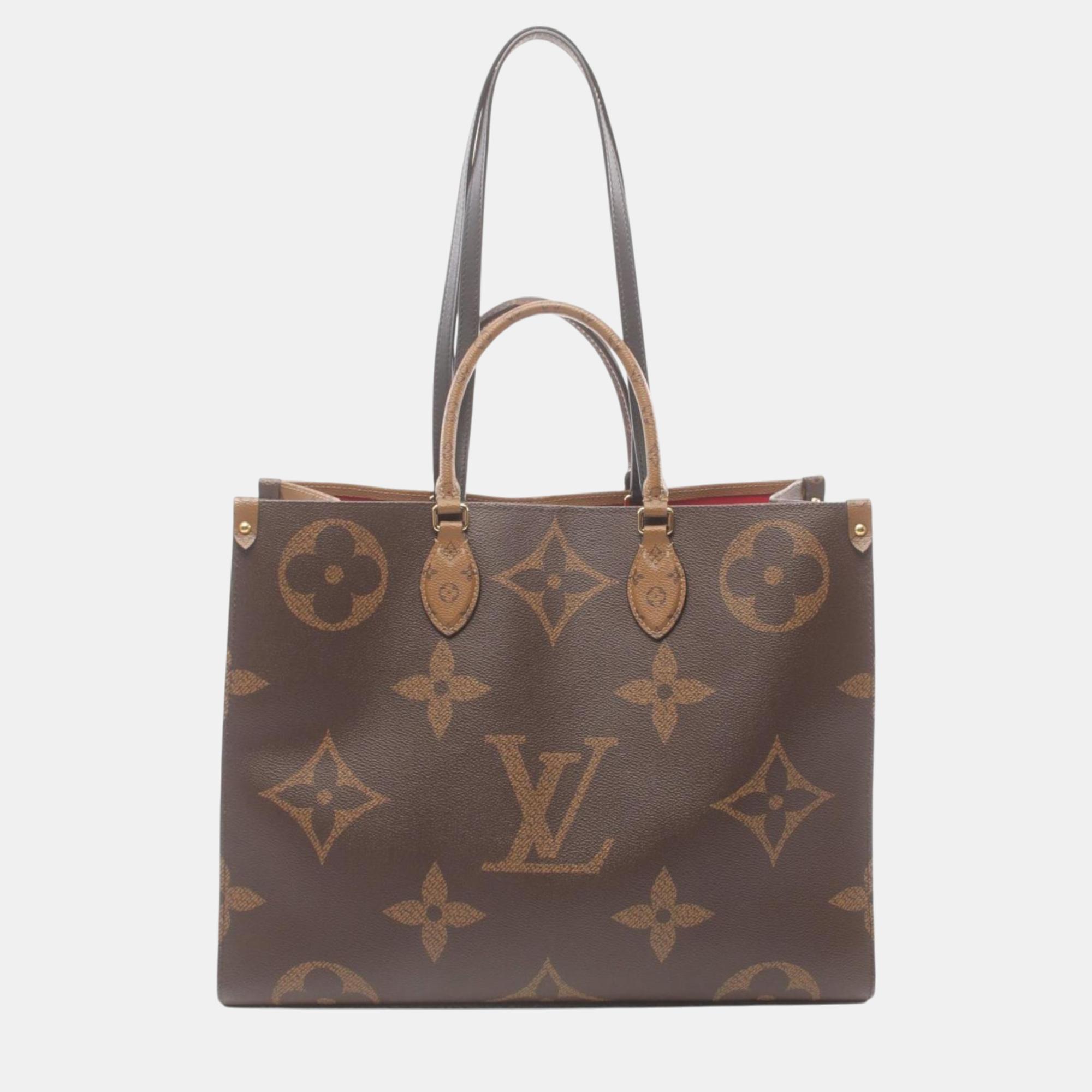 

Louis Vuitton Brown Coated Canvas Leather On The Go Gm Monogram Giant Reverse Shoulder Bag