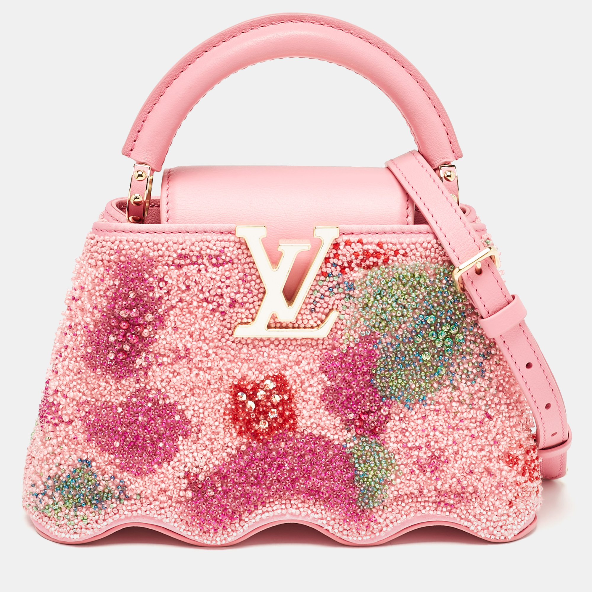 

Louis Vuitton Rose Embroidered Satin Capucines Capushell Mini Bag, Pink