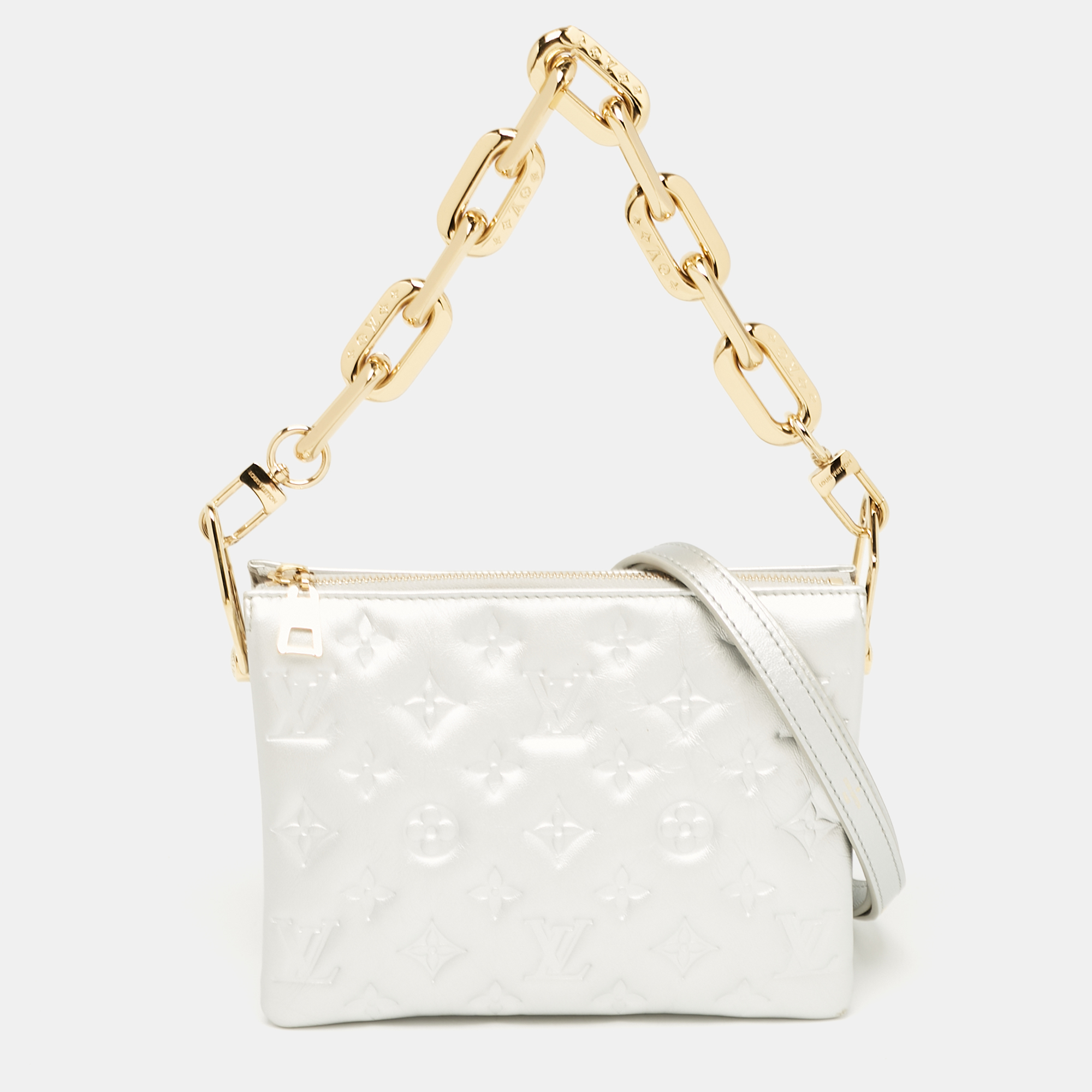 

Louis Vuitton Silver Monogram Embossed Puffy Leather Coussin BB Bag