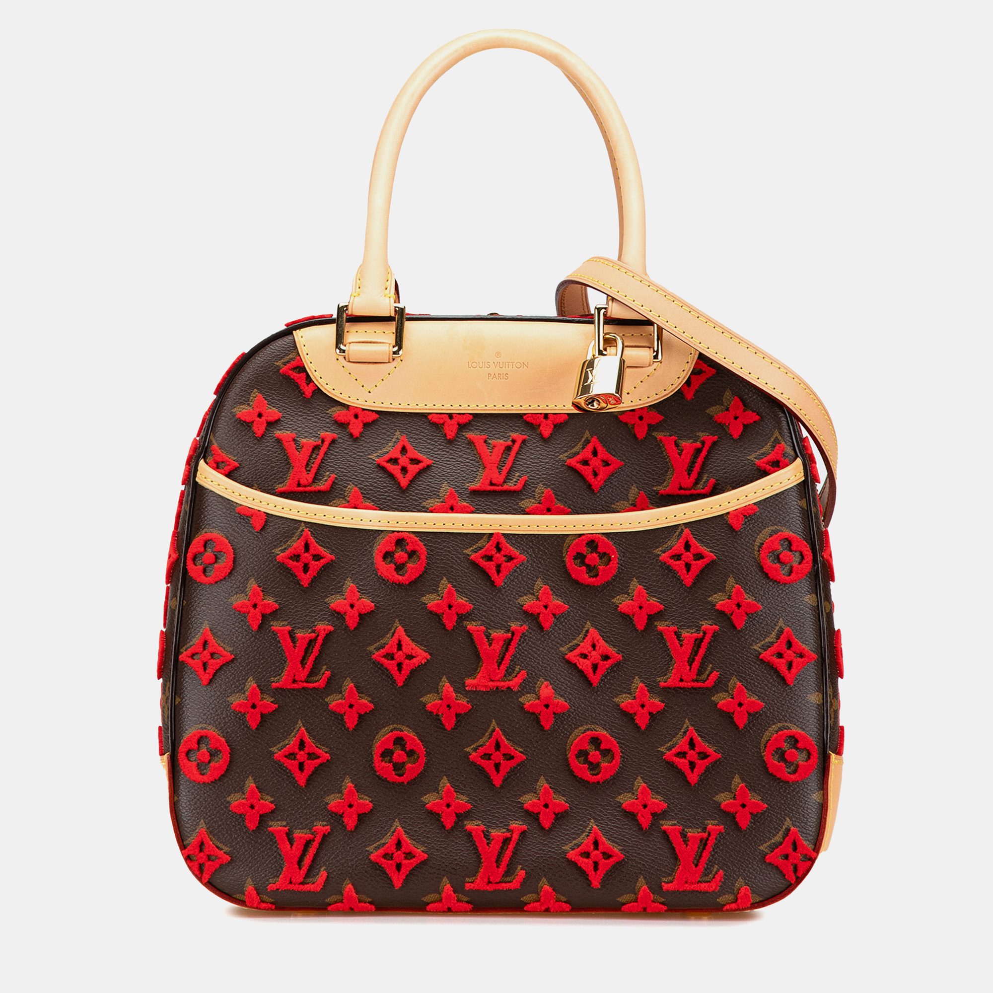 

Louis Vuitton Brown Red Monogram Tuffetage Deauville Cube Bag