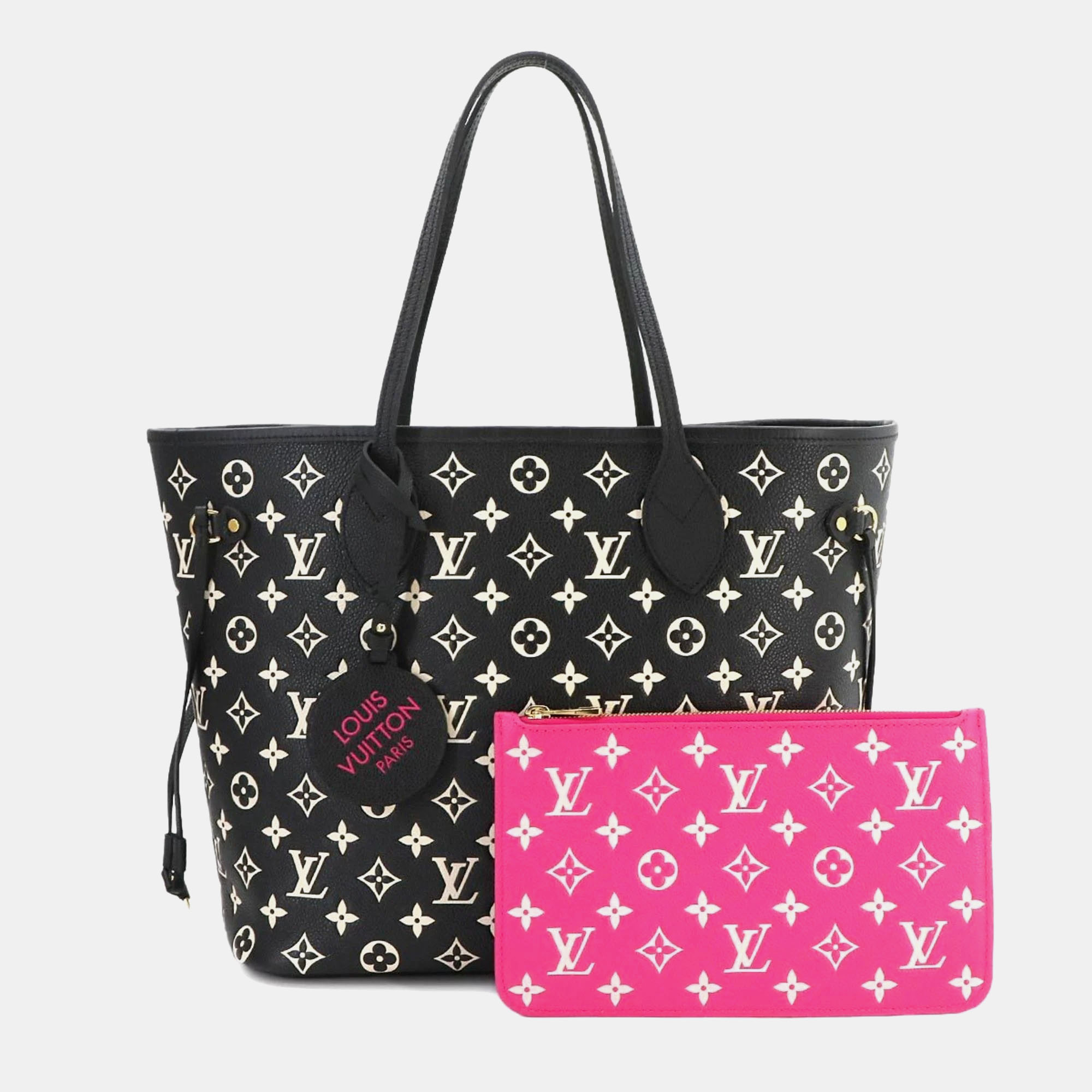 

Louis Vuitton Black White Leather Monogram Empreinte Neverfull MM Tote Bag