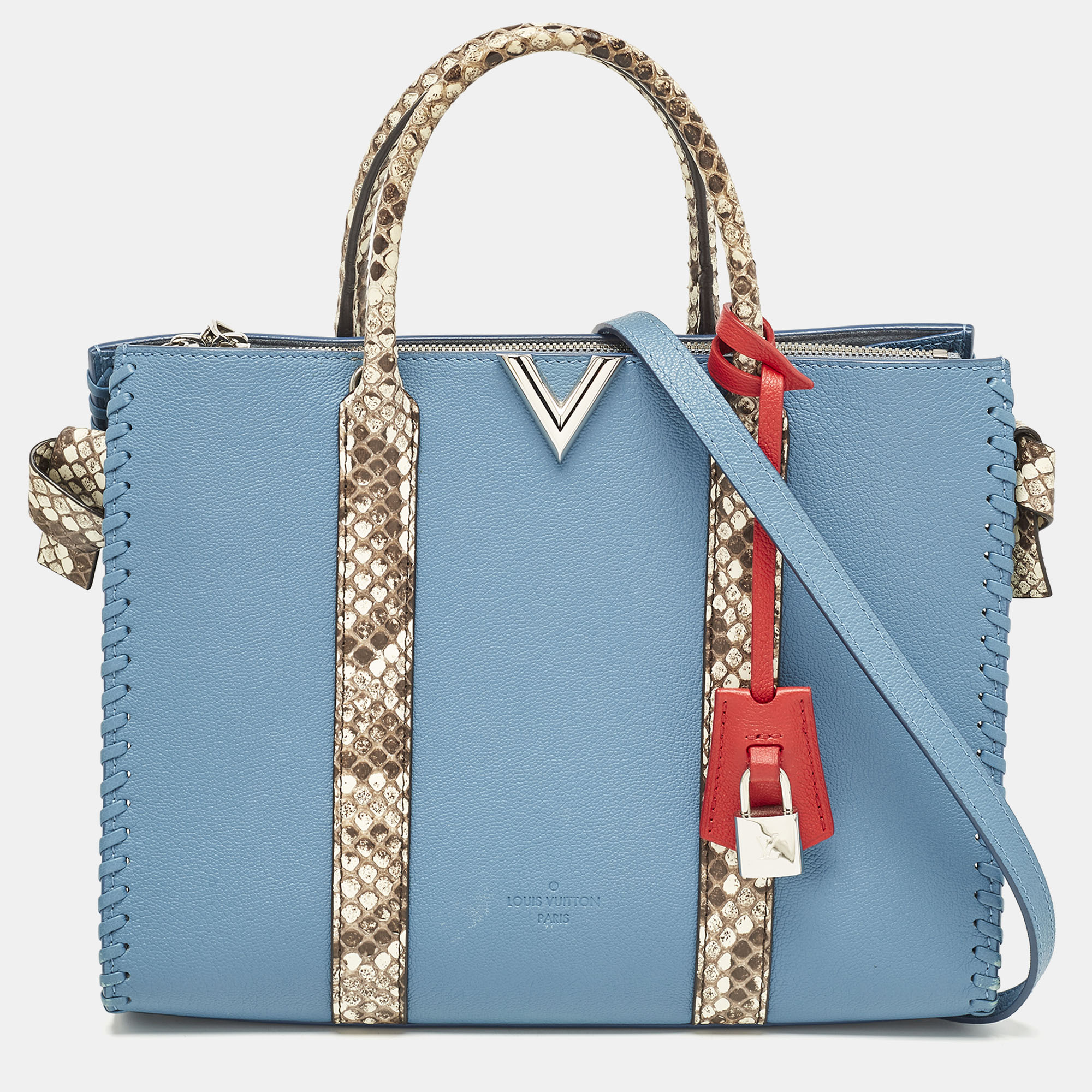 

Louis Vuitton Bleu Glacier Leather and Python Very Tote, Blue