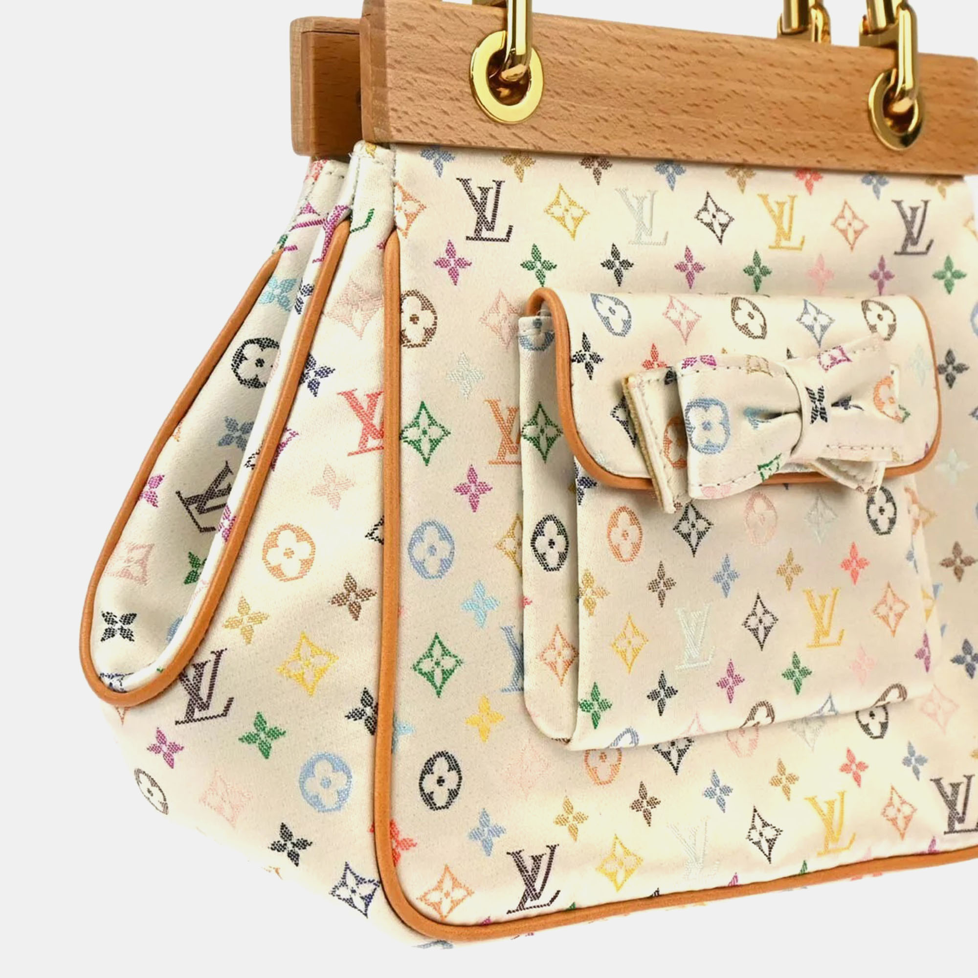 Louis Vuitton White Silk Satin Monogram Multicolor Abelia Top Handle Bag 