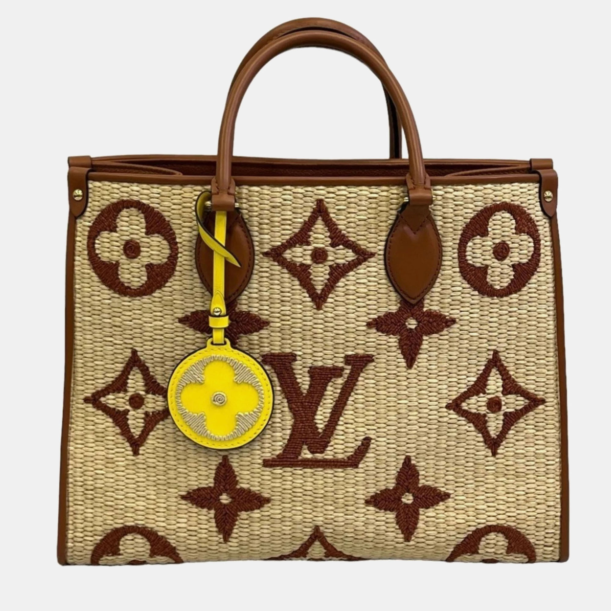 

Louis Vuitton Brown/Beige Raffia Calfskin Monogram Giant Onthego GM Tote Bag, Tan