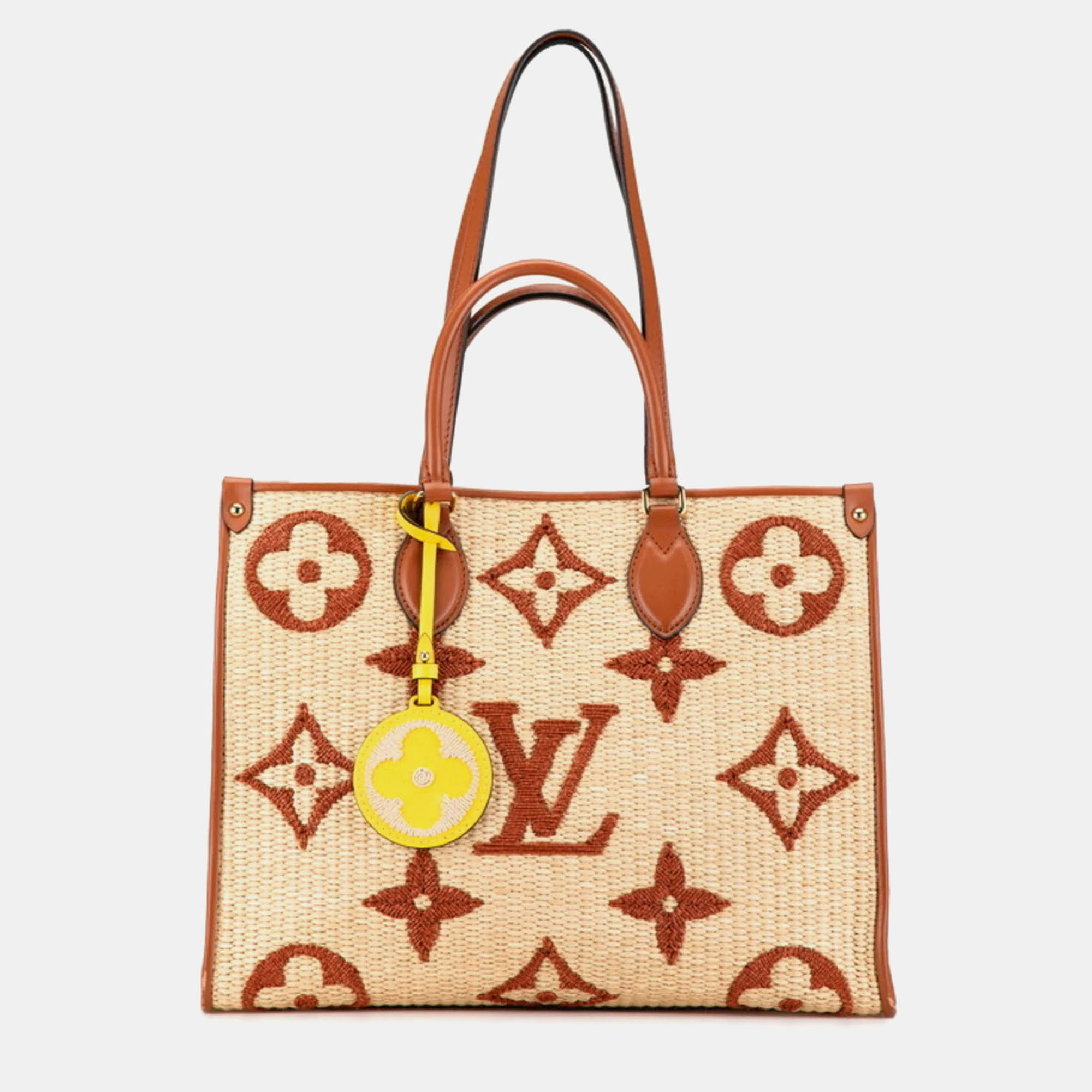 

Louis Vuitton Brown/Beige Raffia Calfskin Monogram Giant Onthego GM Tote Bag