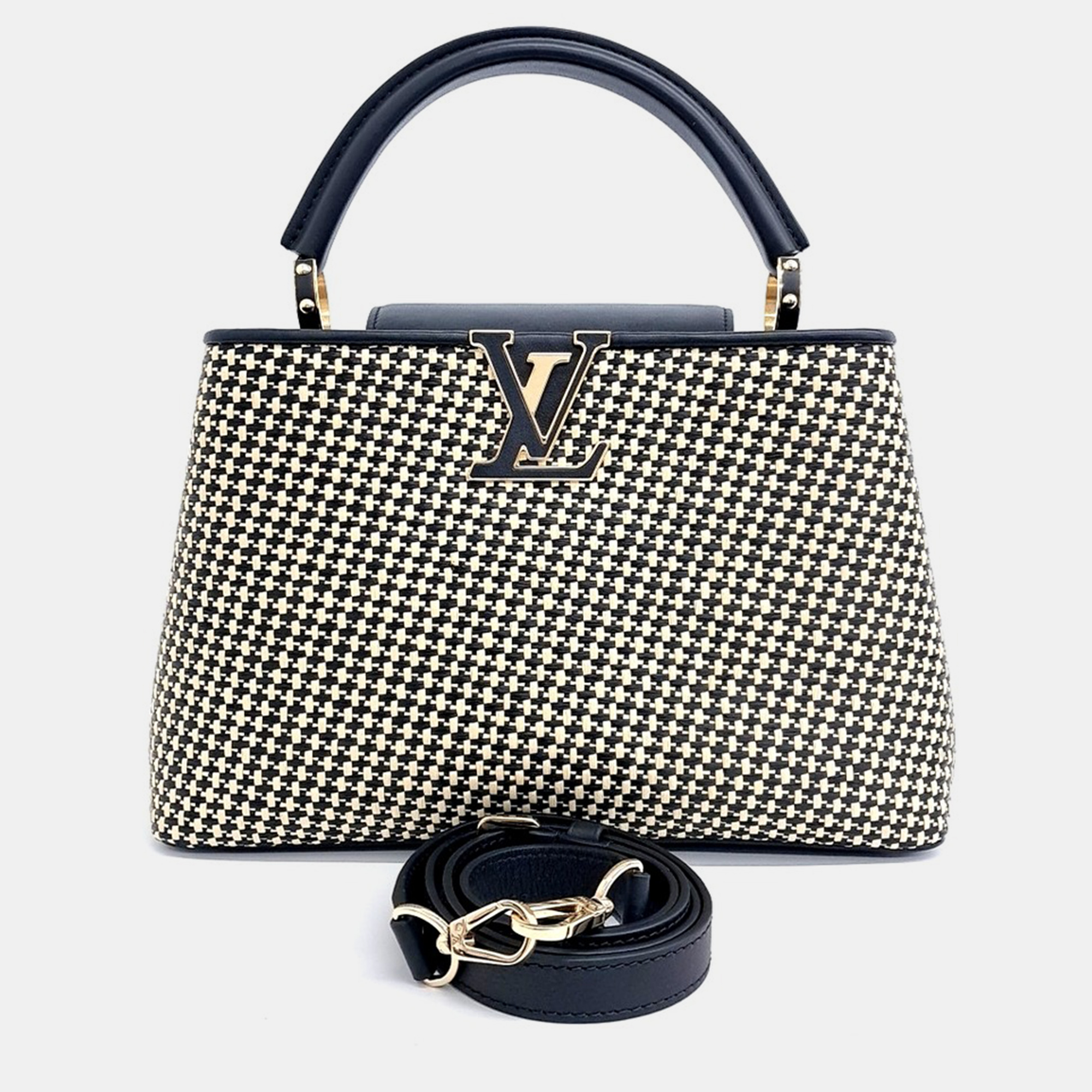 

Louis Vuitton Beige Black Leather and Raffia Capucine MM bag