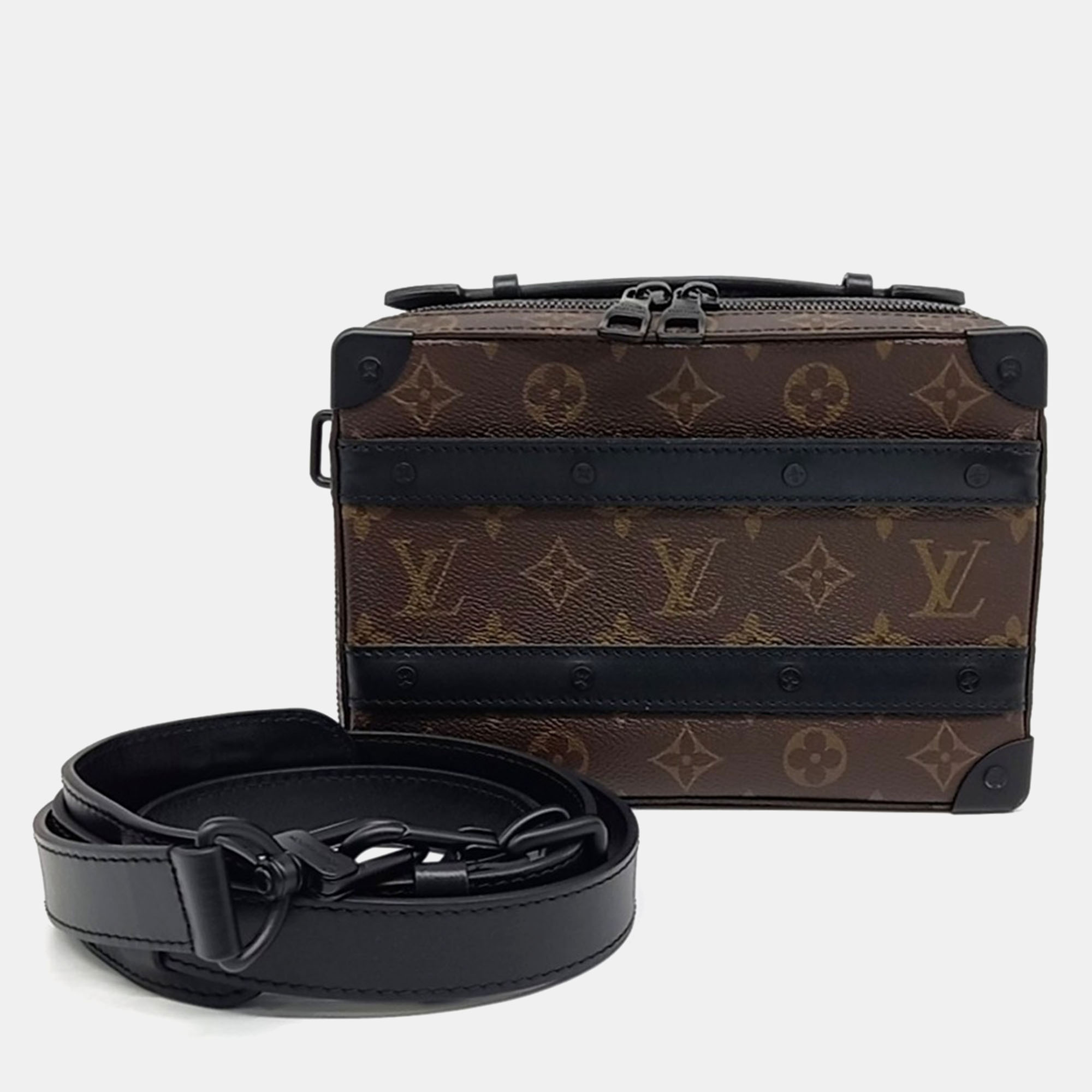

Louis Vuitton Black Brown Coated Canvas Macassar Handle Soft Trunk bag